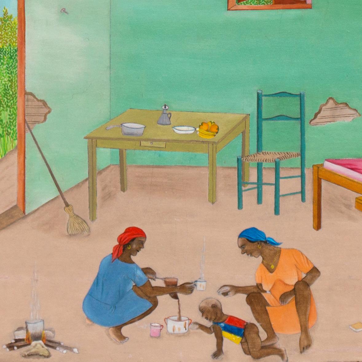 « Making Coffee, Cap Haitien », huile haïtienne, Brooklyn, New York, Port-au-Prince - Gris Interior Painting par Claude Obin