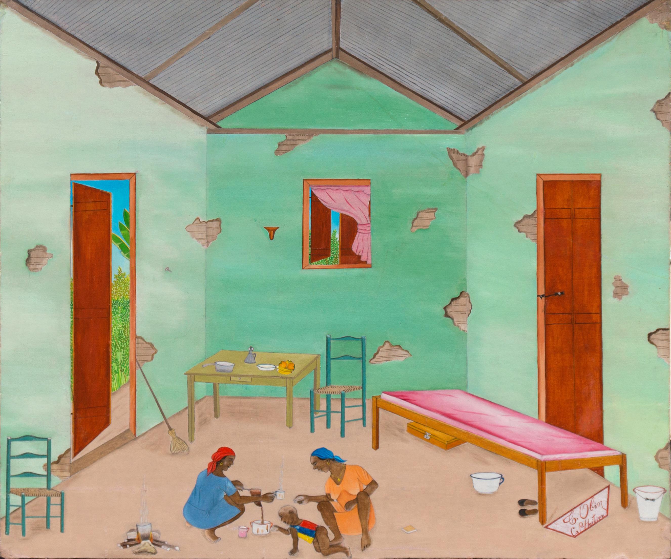 Claude Obin Interior Painting - 'Making Coffee, Cap Haitien', Haitian Oil, Brooklyn, New York, Port-au-Prince