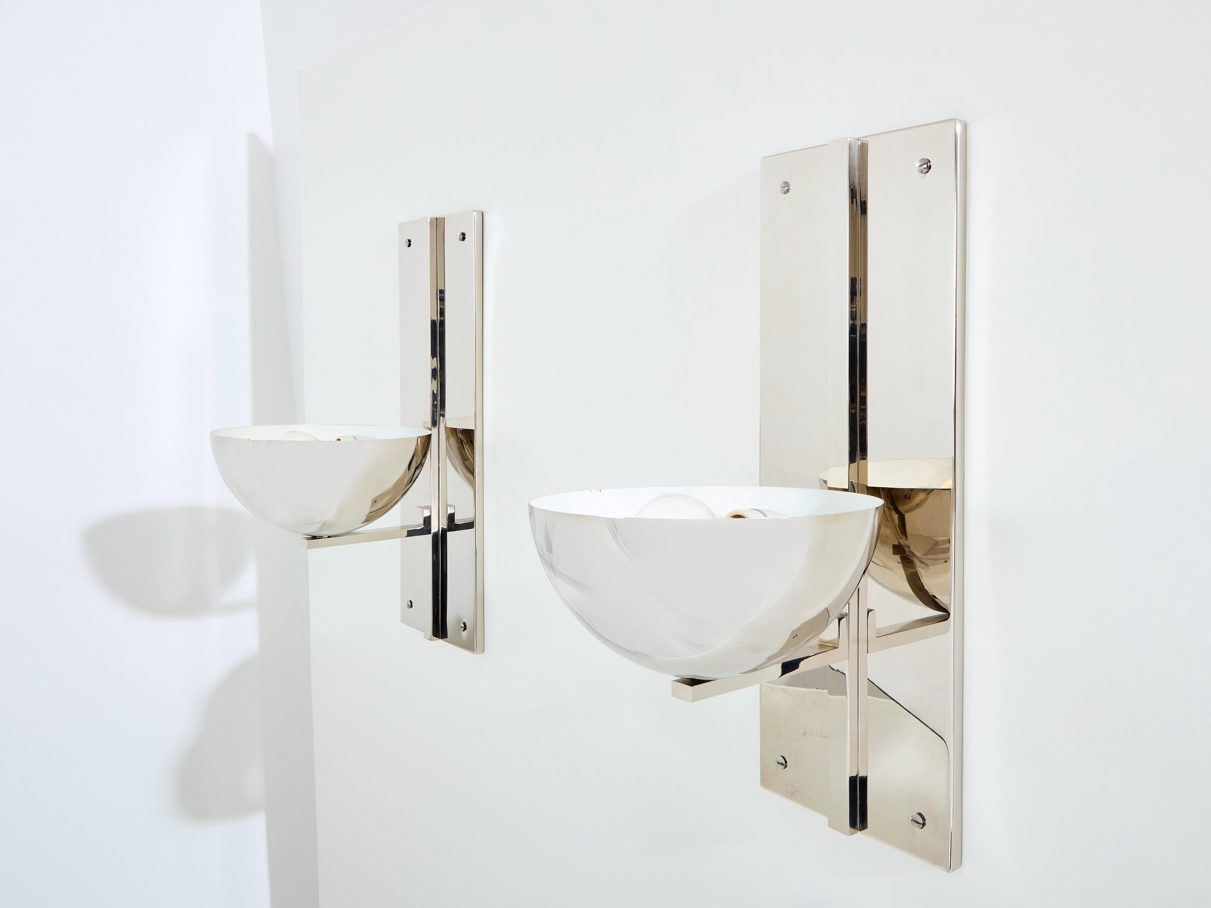 French Claude Parent modernist nickel steel wall lights 1992 For Sale