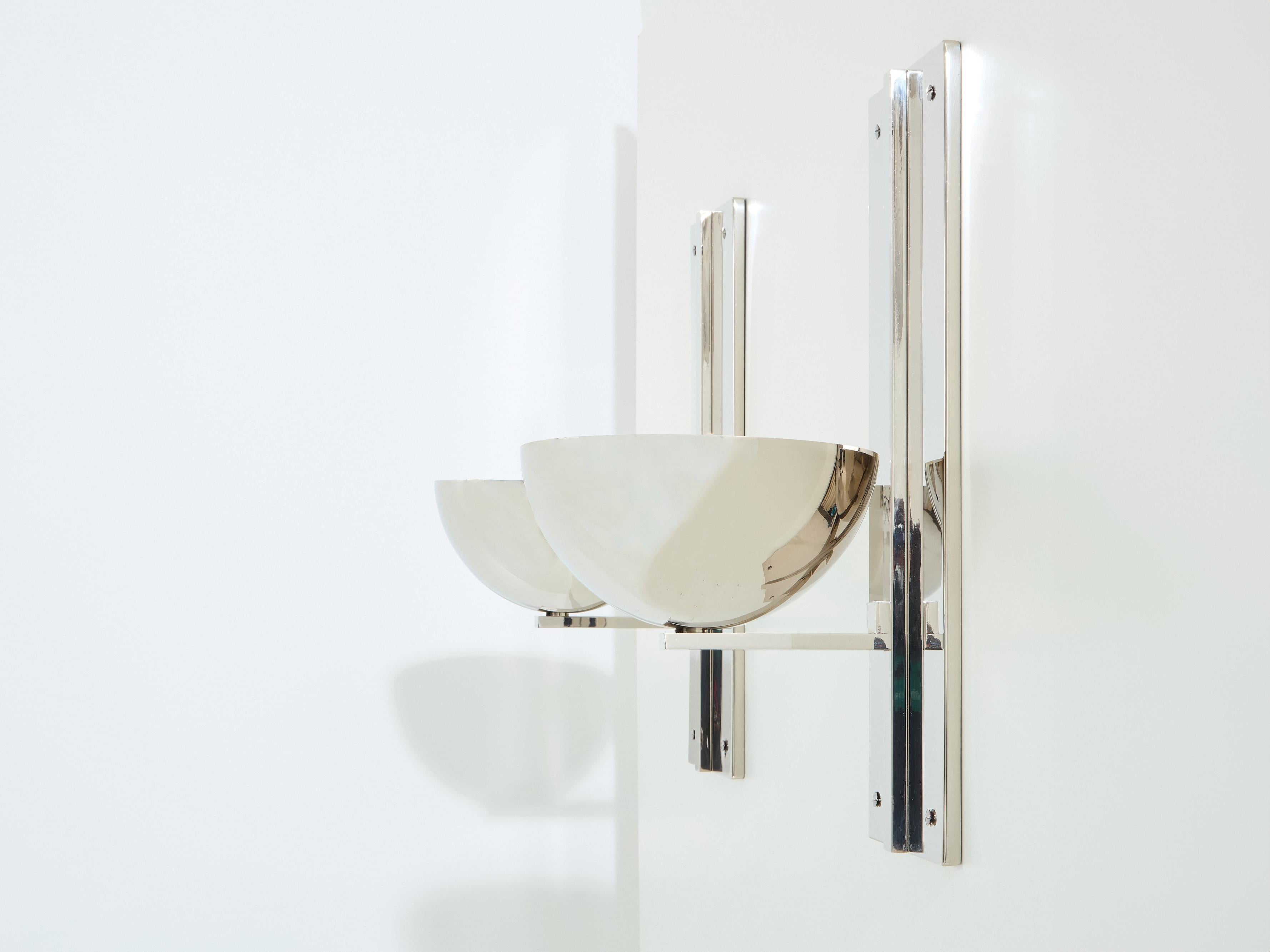 Steel Claude Parent modernist nickel steel wall lights 1992 For Sale