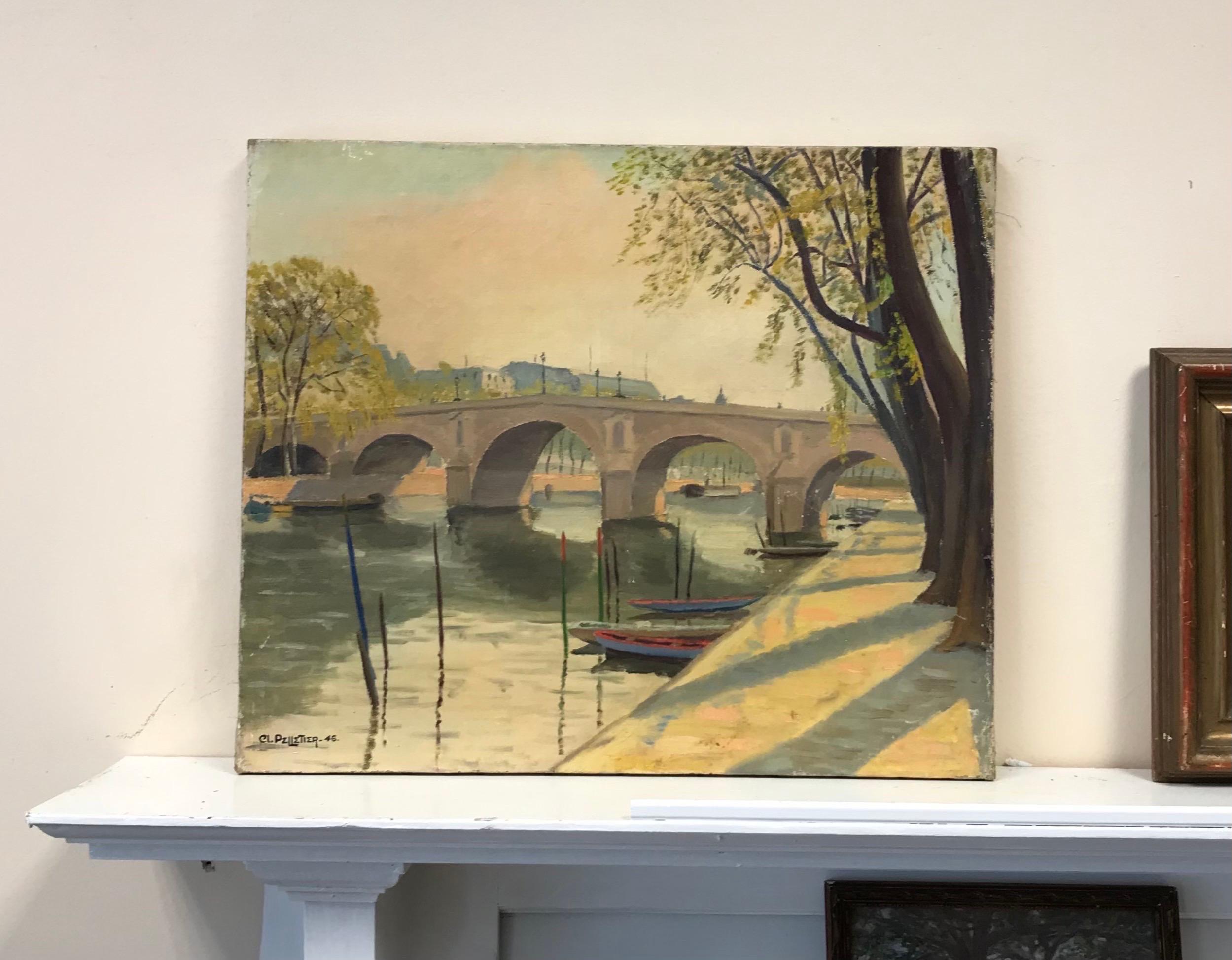 Le Pont Marie Paris, Vue de la rivière Seine en Tranquil, signé et daté de 1946 Huile française - Painting de Claude Pelletier