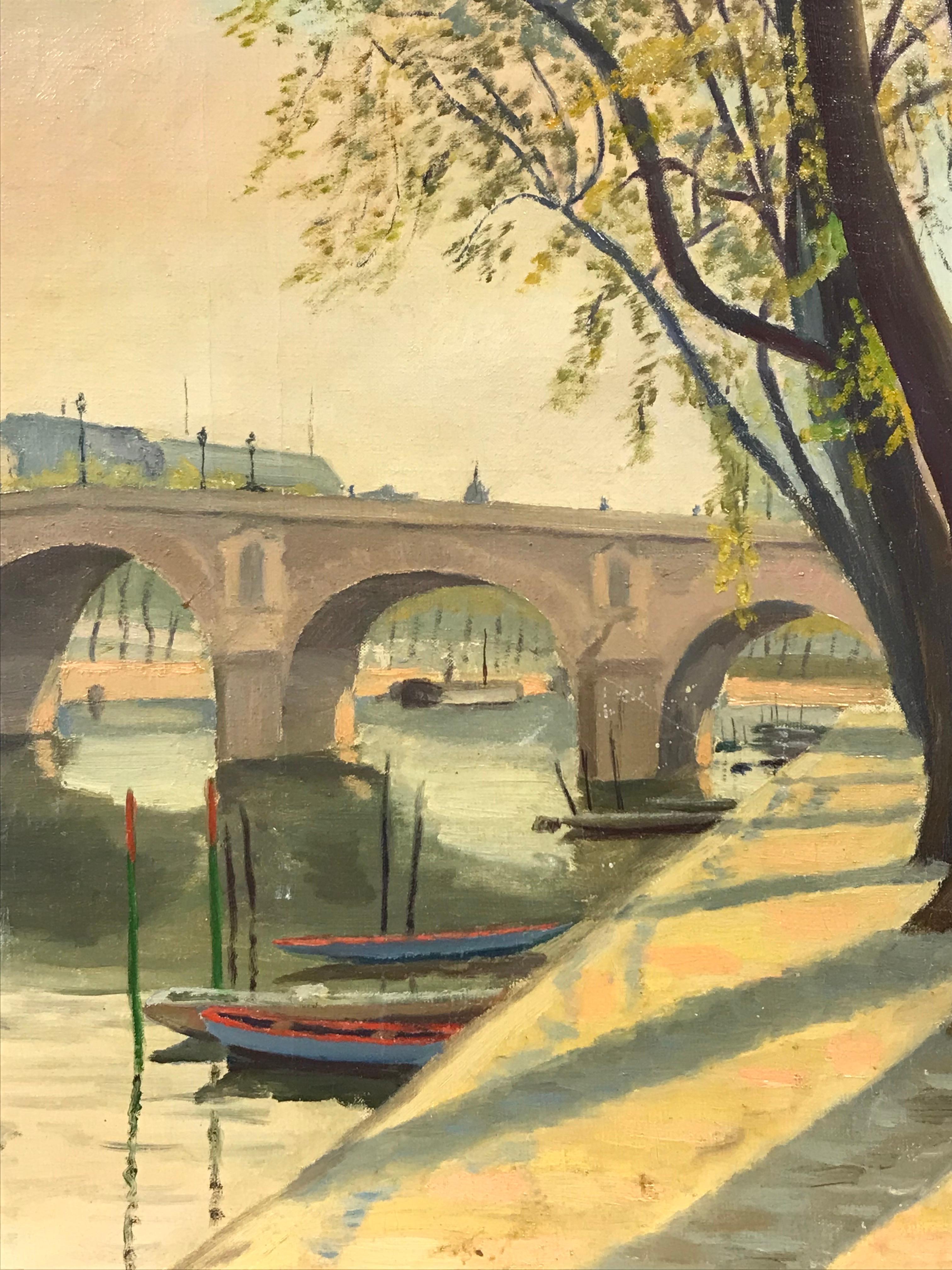 Le Pont Marie París, Vista tranquila del río Sena, firmado y fechado 1946 Óleo francés - Painting Impresionista de Claude Pelletier
