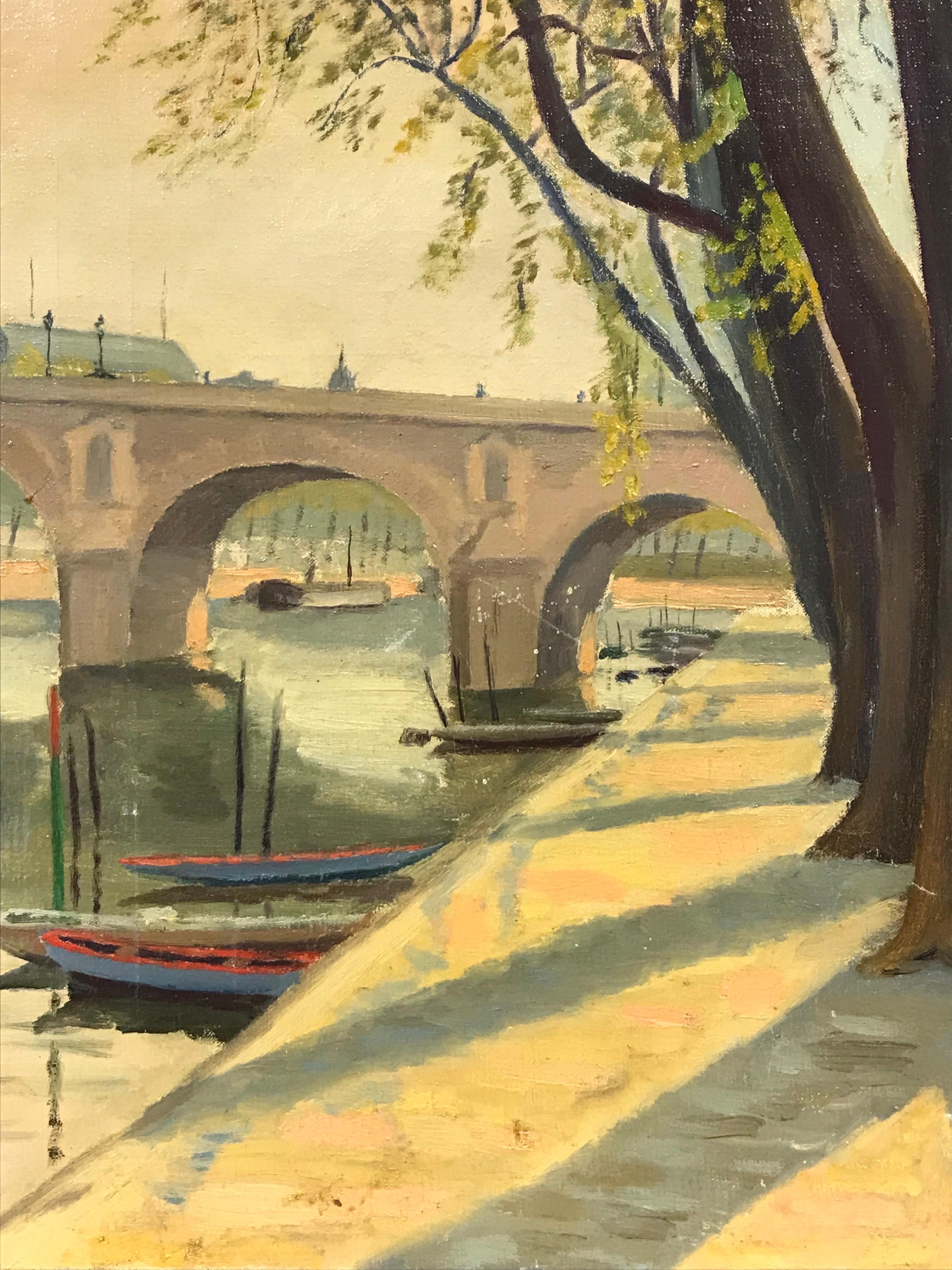 Le Pont Marie Paris, Tranquil River Seine View, signed & dated 1946 French Oil - Impressionist Painting by Claude Pelletier