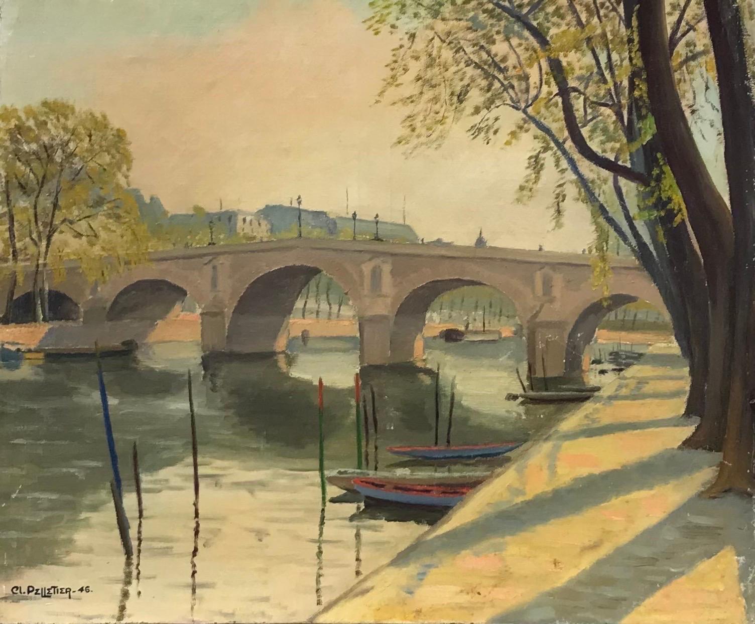 Landscape Painting Claude Pelletier - Le Pont Marie Paris, Vue de la rivière Seine en Tranquil, signé et daté de 1946 Huile française