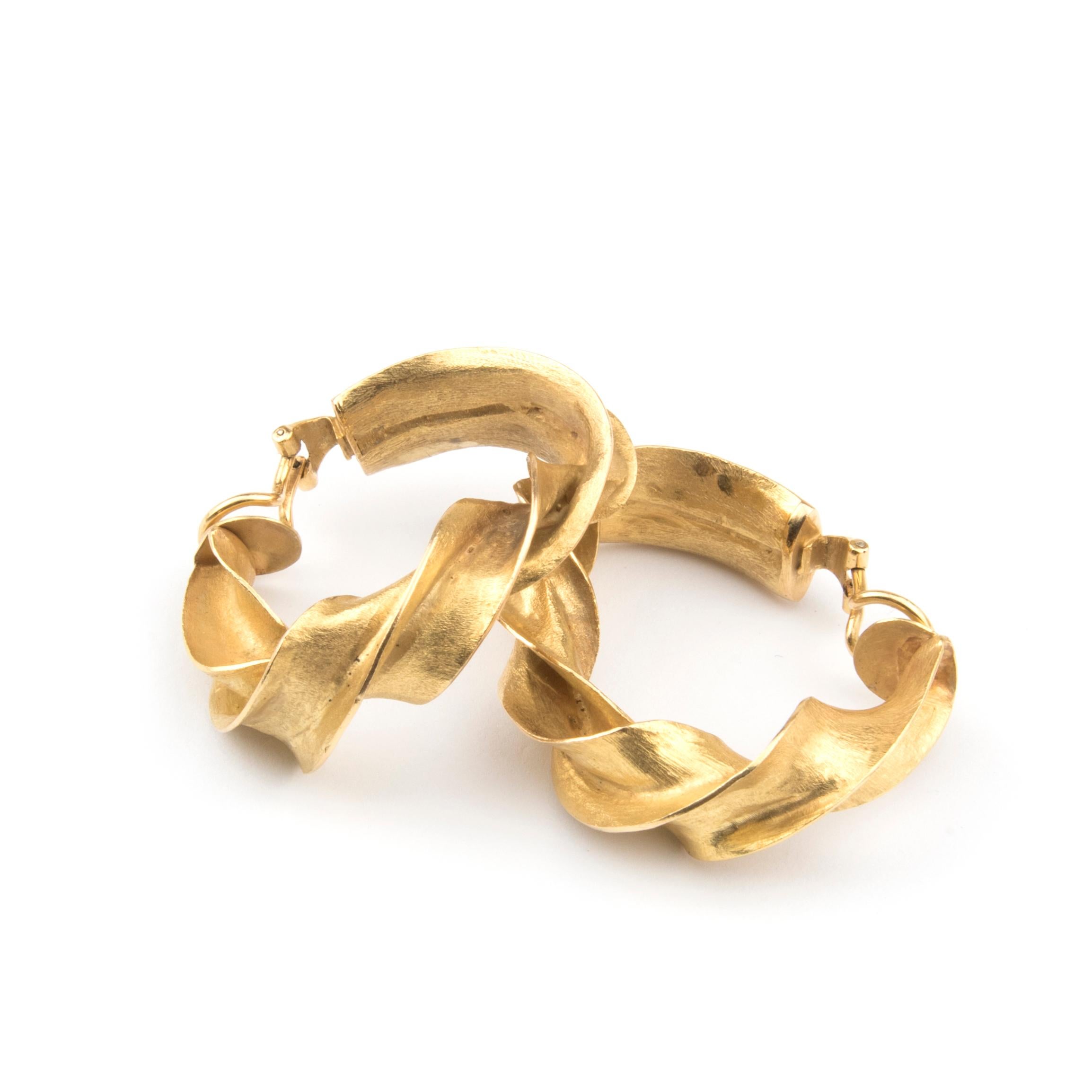 Claude Pelletier 18k Yellow Gold Twisted Hoop Earrings, Unique For Sale 1