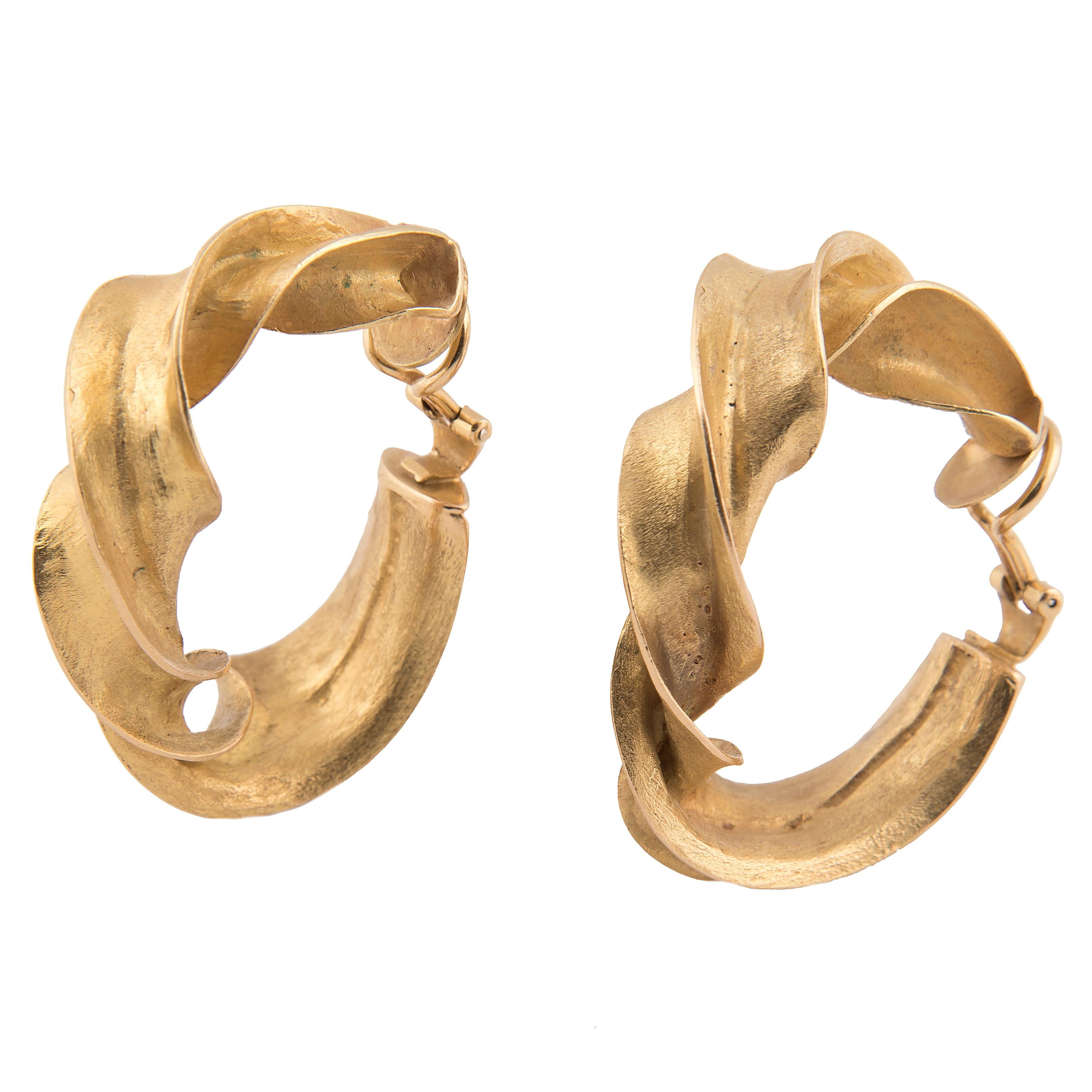 Claude Pelletier 18k Yellow Gold Twisted Hoop Earrings, Unique For Sale