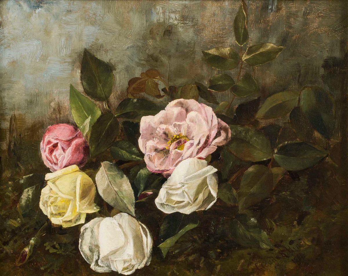 Claude Raguet Hirst (1855-1942)
Roses
Oil on canvas
8 ½ x 10 ½ inches
Signed and dated 1881

Claude Raguet Hirst was the only American woman noted for painting hyperrealistic still lifes at the turn of the 20th century.

Born in Cincinnati, Ohio,