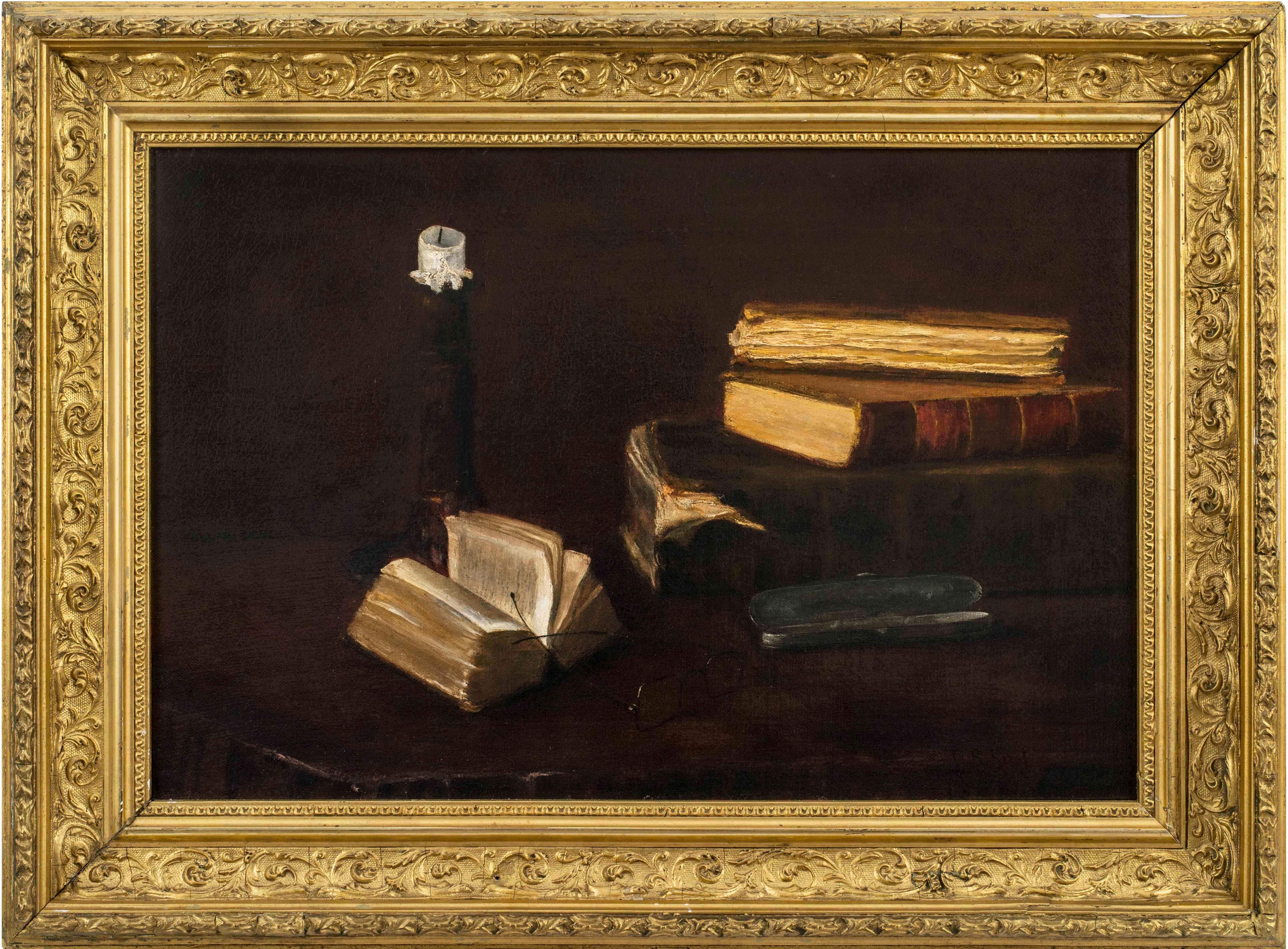 Still-Life of Books, a Candlestick & Glasses by Claude Raguet Hirst (1855-1942) For Sale 1