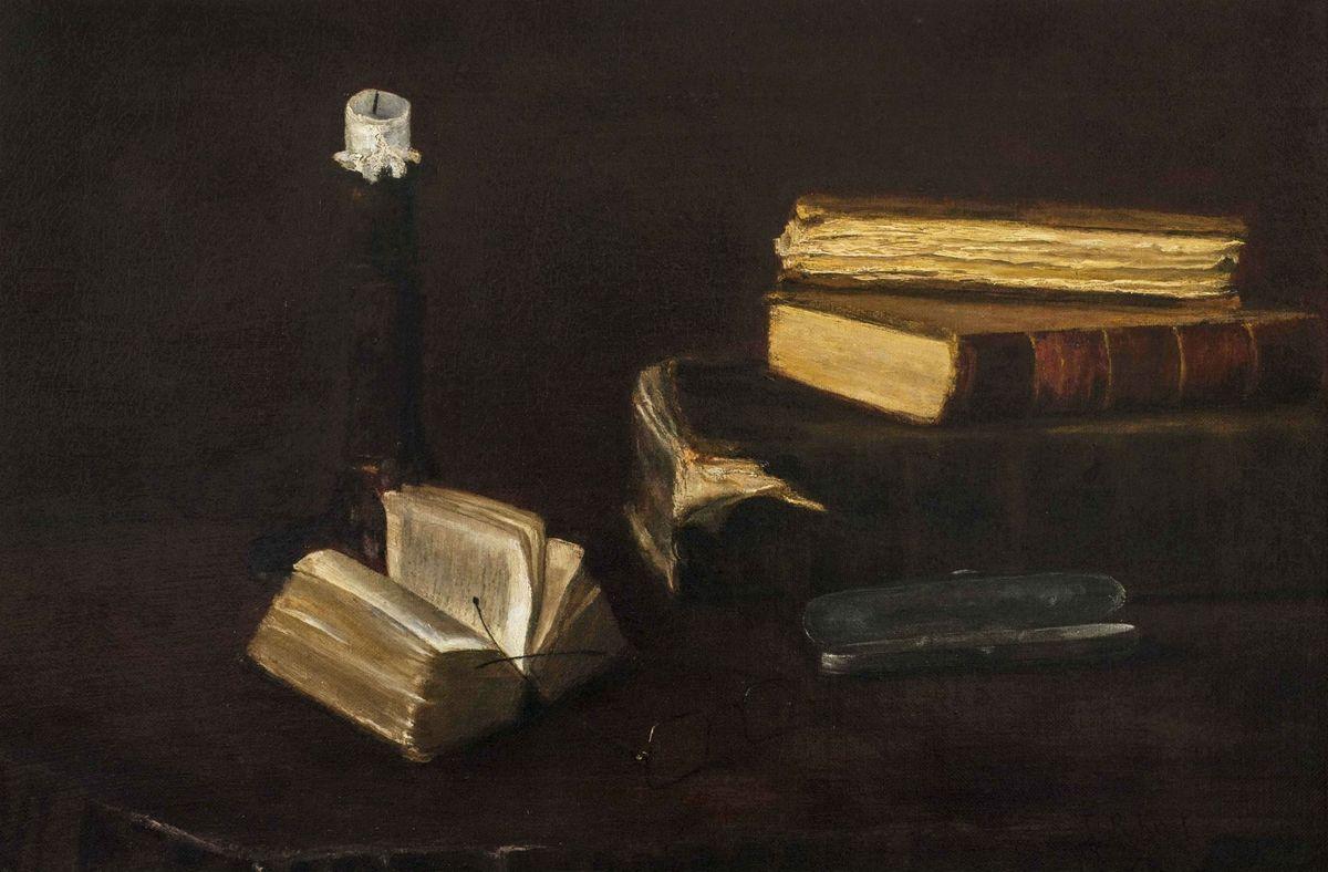 Claude Raguet Hirst (1855-1942)
Still-Life of Books, a Candlestick and Glasses
Oil on canvas
12 1/8 x 18 1/4 inches
Signed lower right

Claude Raguet Hirst was the only American woman noted for painting hyperrealistic still lifes at the turn of the