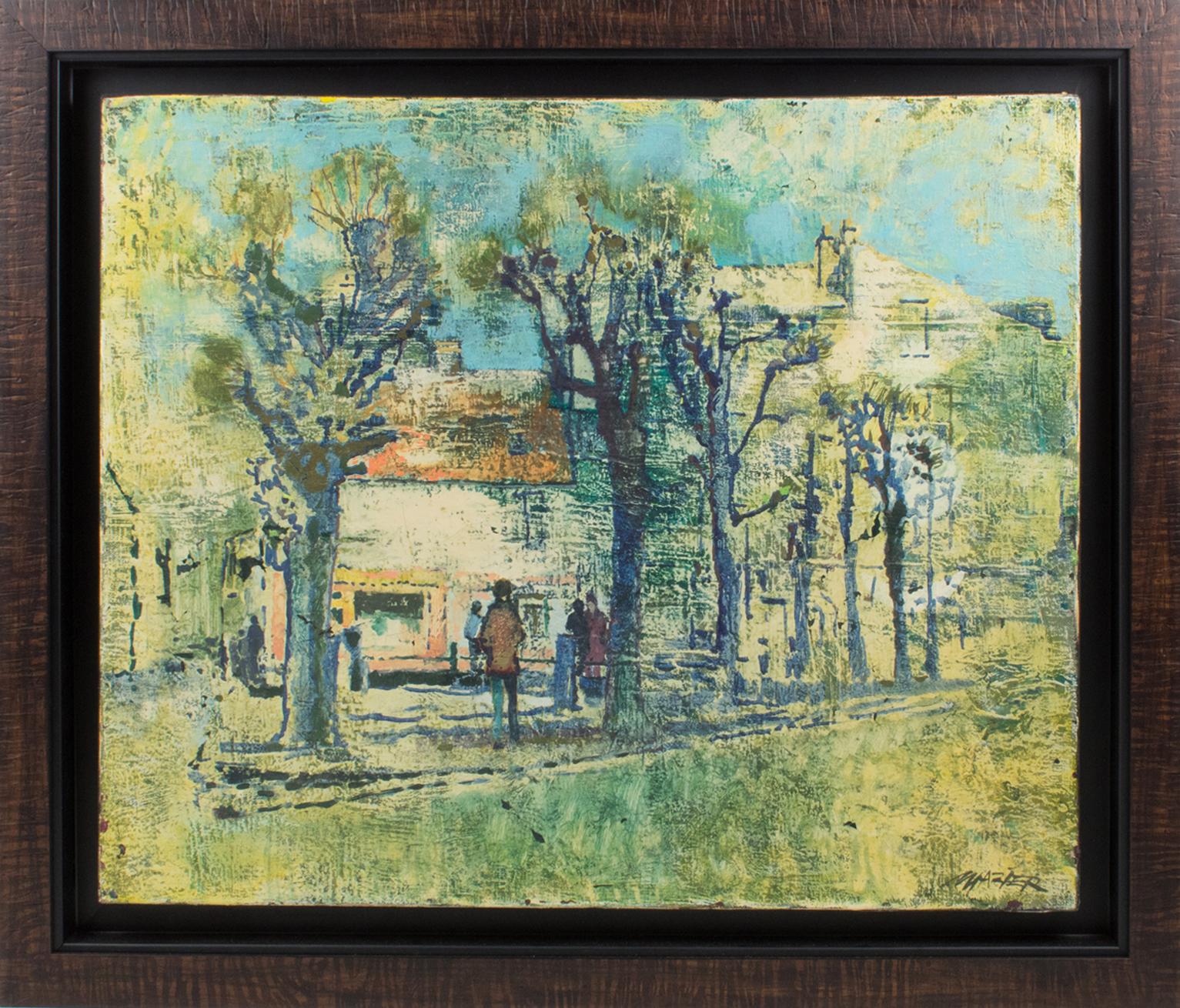 Cette jolie composition moderniste à l'huile sur toile, typique des années 1950, représente une maison dans un village à la campagne avec des arbres bleus imaginaires, conçue par Claude Richard Mazier (France, 1926 - 2011). Le tableau porte la
