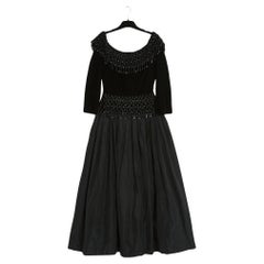 Claude Riha 1980s Robe FR36 Haute Couture Black Velvet Dress Gown UK8 US6