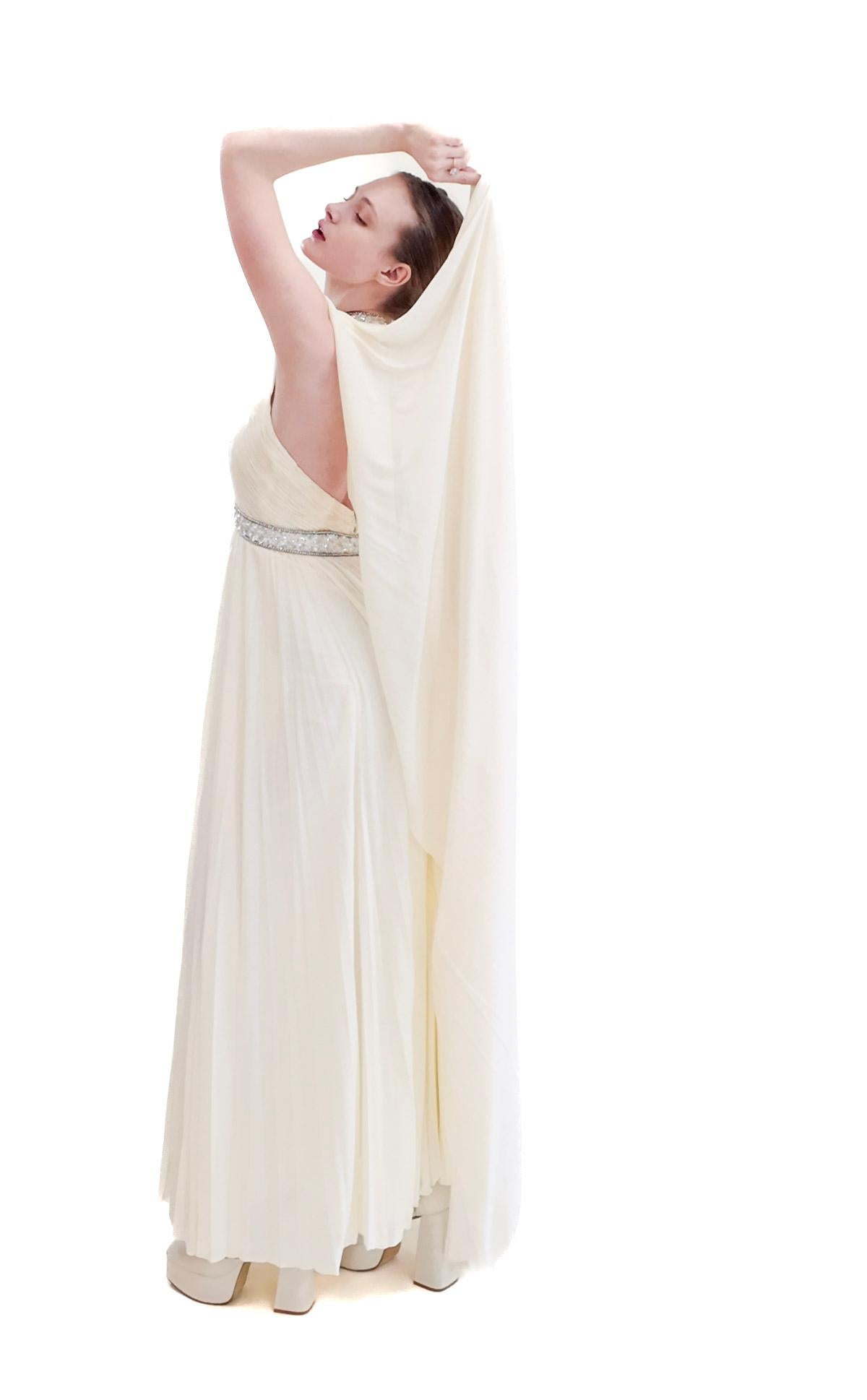 Bianco Claude Riha White Caped Gown with Beaded Neckline and Waistline in vendita