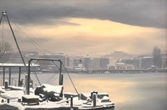 "Muelle de Eaux-Vives" de Claude Sauthier - Óleo sobre madera - 37x25,5 cm
