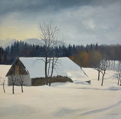 "Farm in Winter" by Claude Sauthier - Oil on Wood - 43x43 cm
