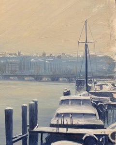 "Port, quai et pont du Mont-Blanc" de Claude Sauthier - Huile sur Wood - 61x46 cm
