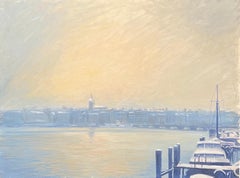 "Puerto, muelle y puente del Mont Blanc" de Claude Sauthier - Óleo sobre madera - 61x46 cm