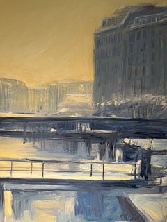 "Quai du Mont-Blanc" par Claude Sauthier - Huile sur Wood - 73x54 cm