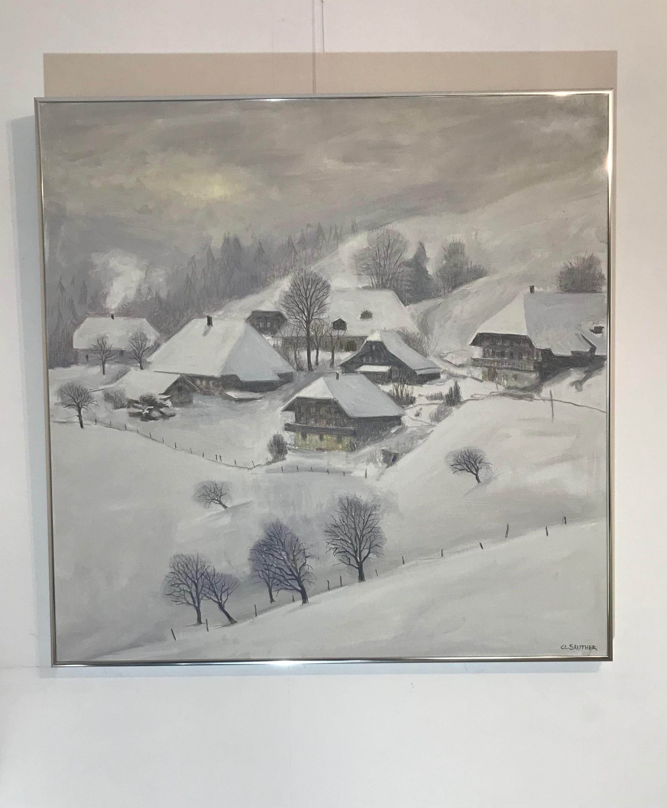 Snow in Hirsegg, Bern Switzerland - Painting by Claude Sauthier