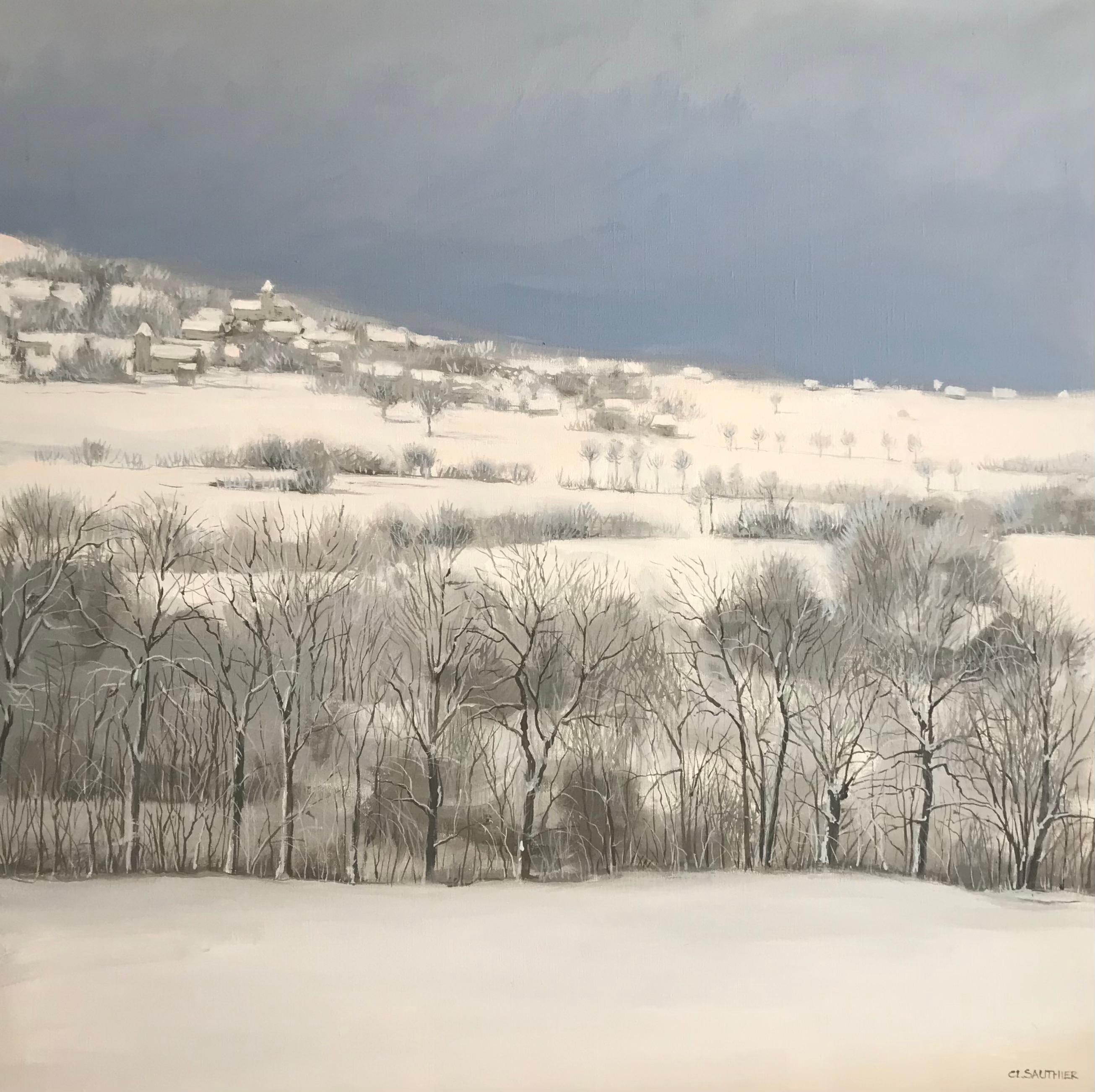 Landscape Painting Claude Sauthier - Paysage enneigé, Pressilly, Haute-Savoie