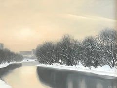 "La Jonction" en hiver, Geneva par Claude Sauthier - Huile sur toile 