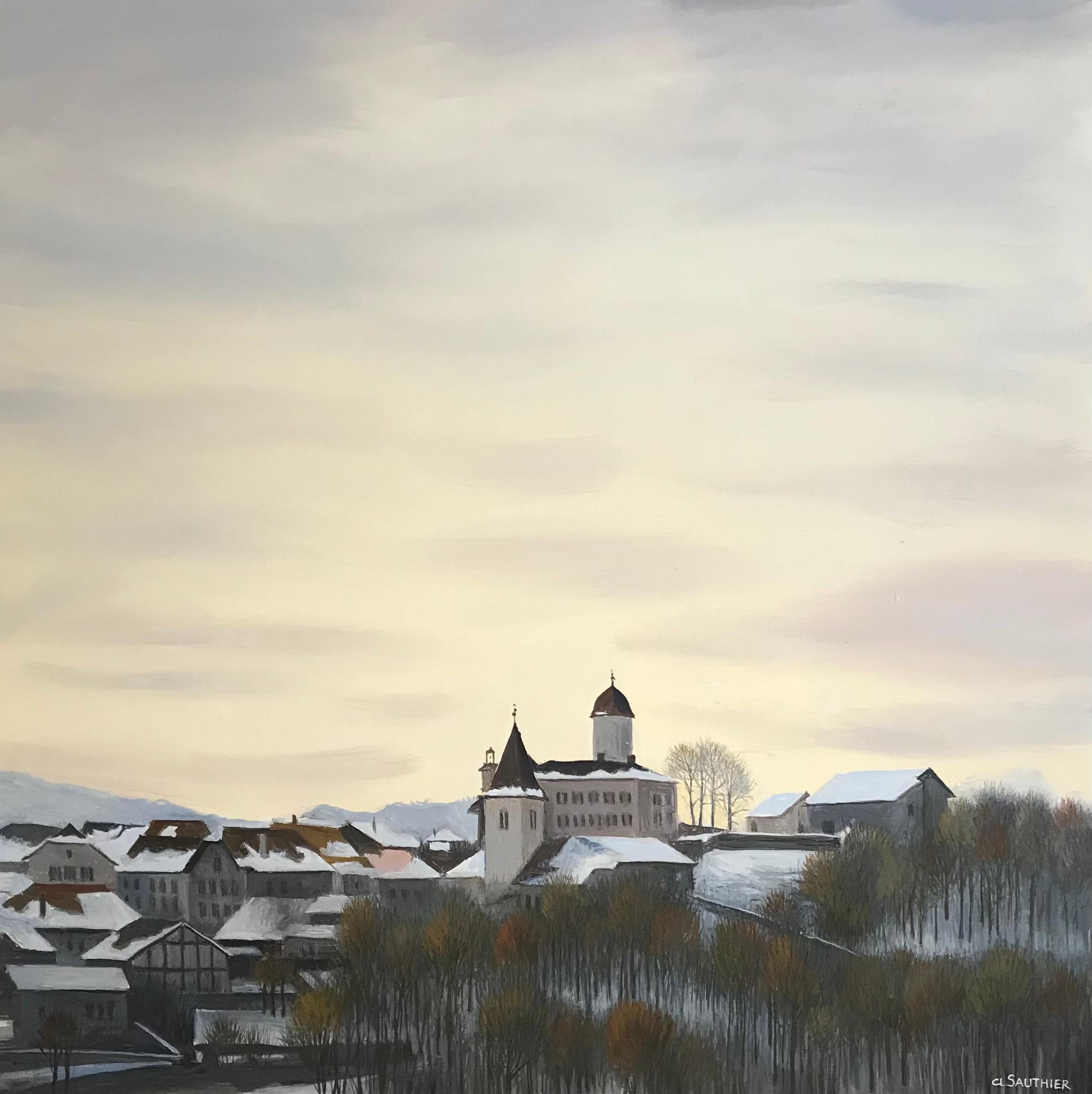 Claude Sauthier Landscape Painting - Winter view of the castle, Aubonne Switzerland