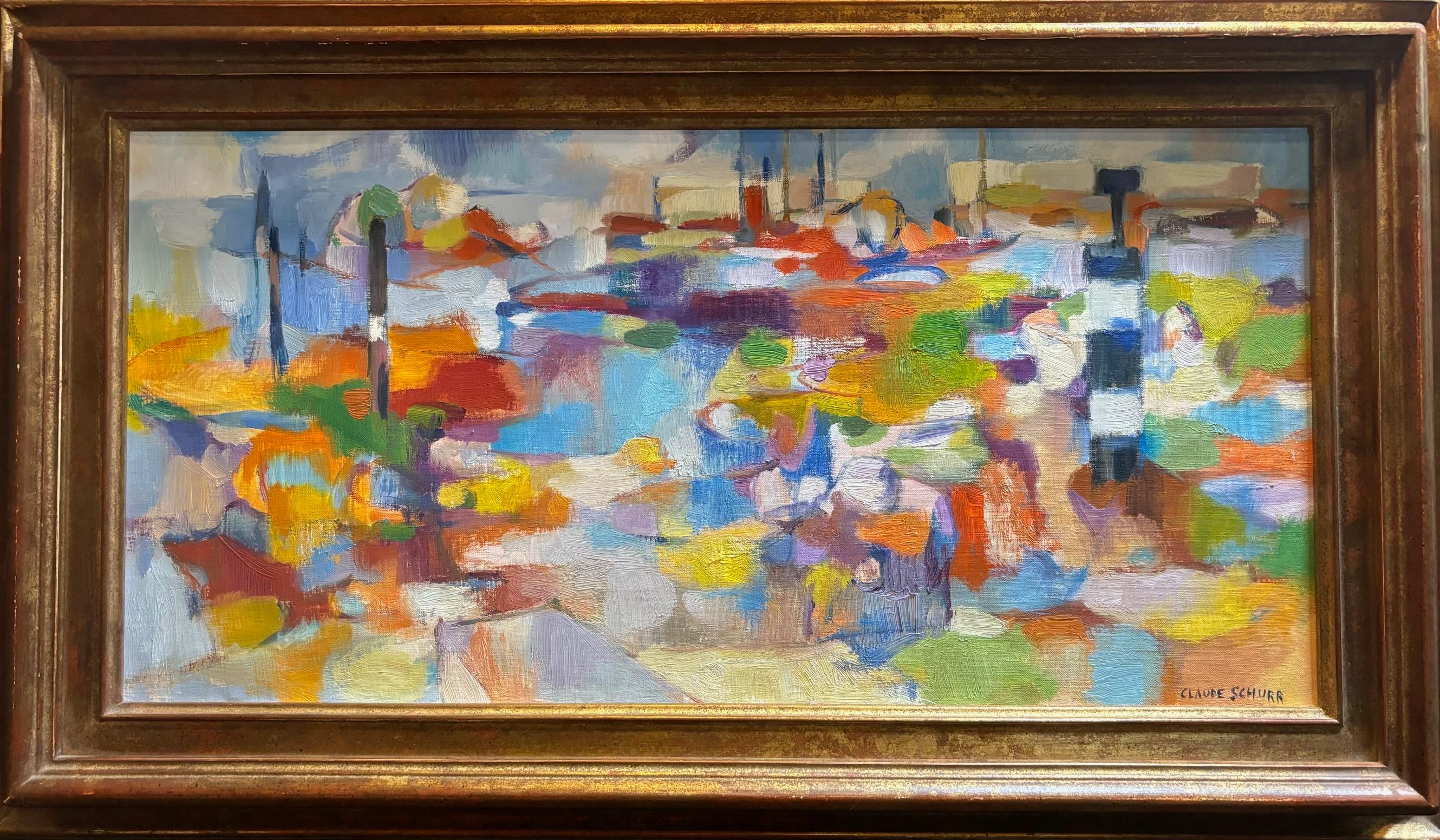 Composizione astratta di Claude Schürr - Olio su tela 30x60 cm in vendita 1