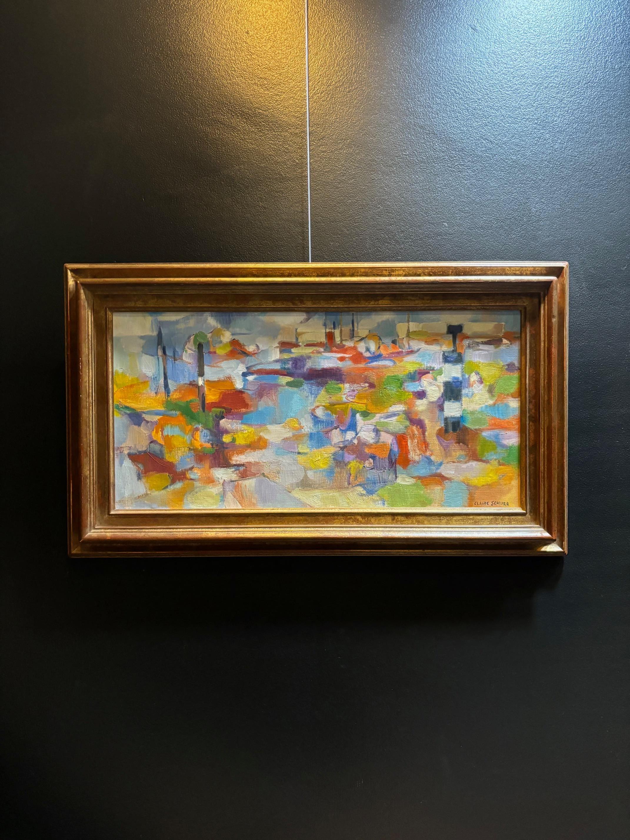 Composizione astratta di Claude Schürr - Olio su tela 30x60 cm in vendita 6