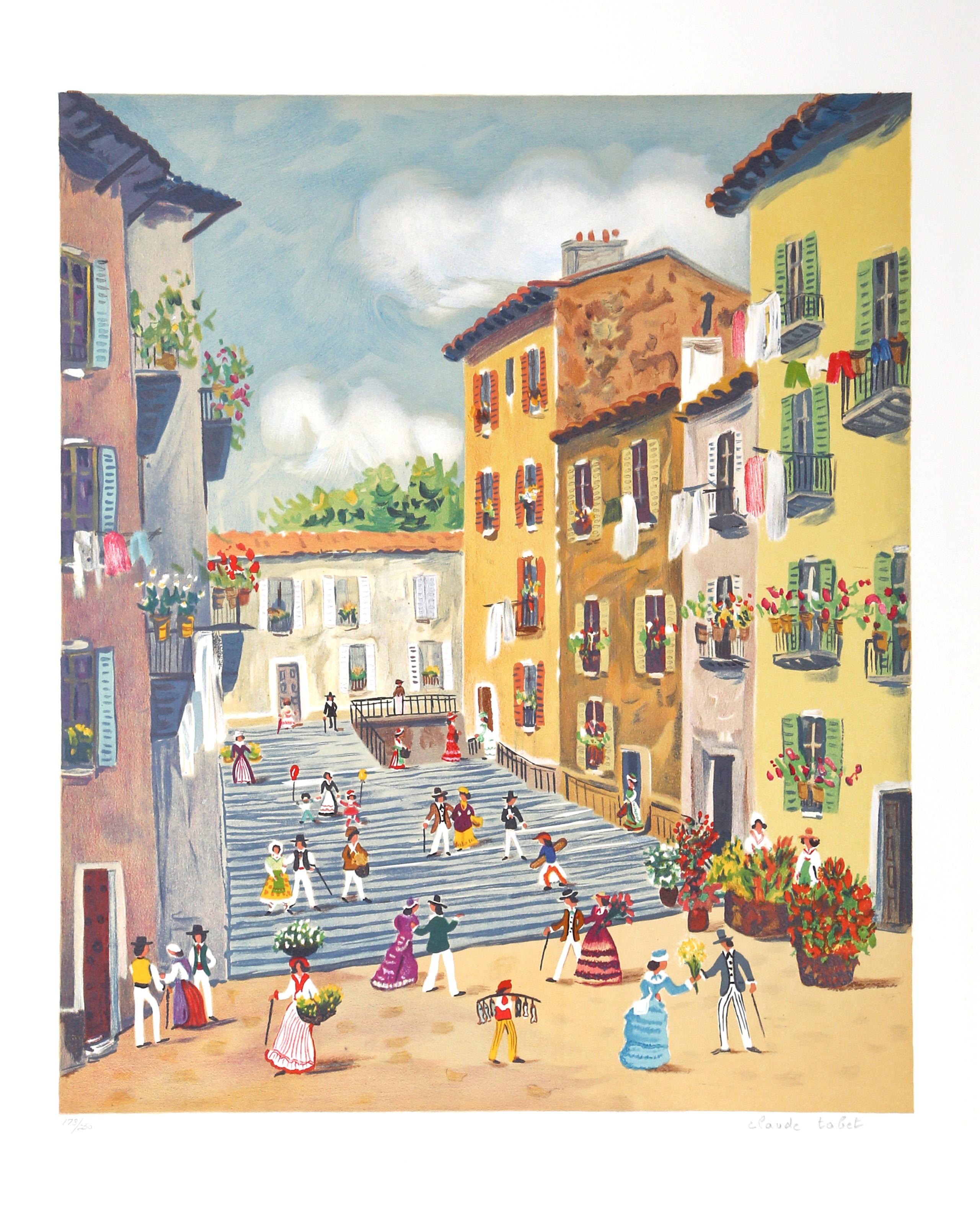 Claude Tabet, francese (1924 - 1979) - Du Descendant les Marches. Anno: circa 1975, Medium: Litografia, firmata e numerata a matita, Edizione: 250, Dimensioni: 30 x 22 pollici (76,2 x 55,88 cm), Descrizione: La colorata e pittoresca scena di strada