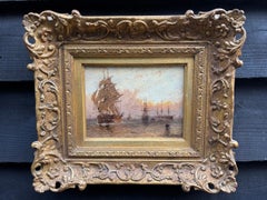 19th century English Warship and fishing boats at Sunrise at sea