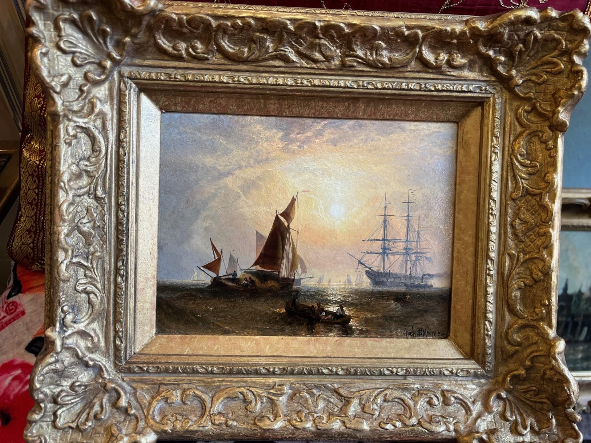 Beautiful small oil painting on canvas, mounted on stretchers of a busy shipping scene, with both steam and sail.  It is bathed in golden light and is highly typical of the work of this very fine artist.

Claude Thomas Stanfield Moore (1853 - 1901)
