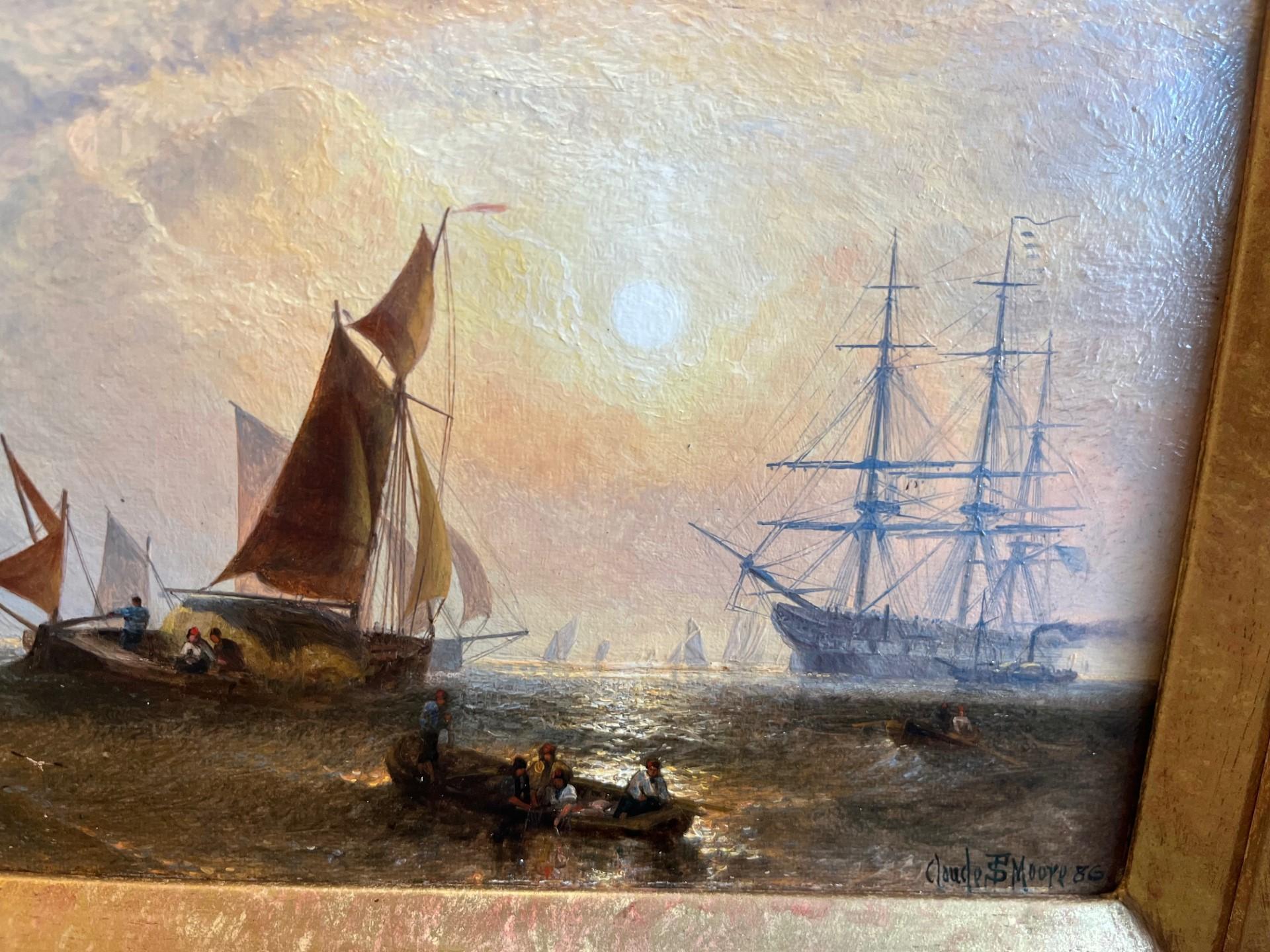 Pittura a olio vittoriana di Marin Scena di navigazione al tramonto, barche in luce dorata - Landscape Painting Grigio di Claude Thomas Stanfield Moore