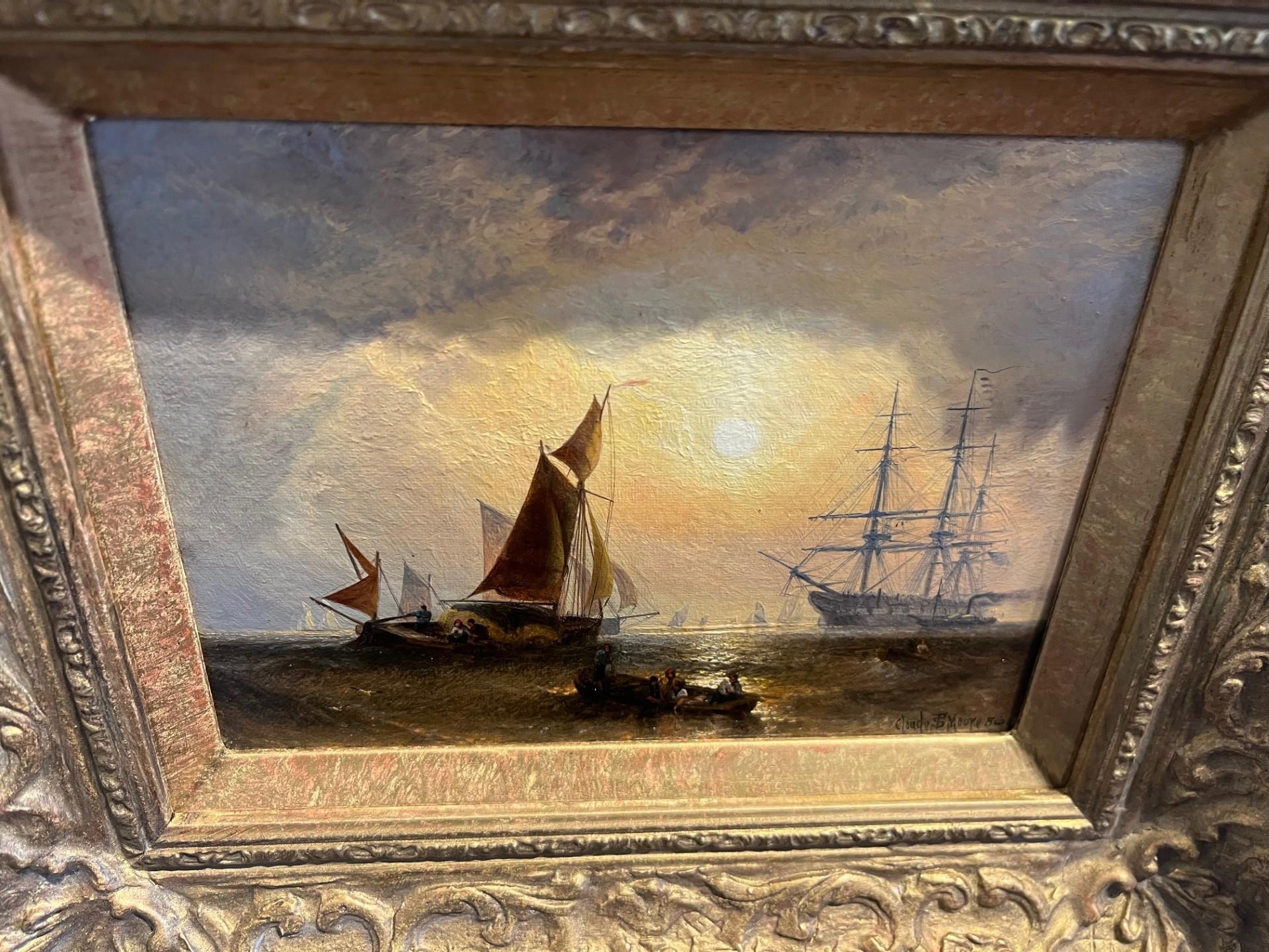 Pittura a olio vittoriana di Marin Scena di navigazione al tramonto, barche in luce dorata 2