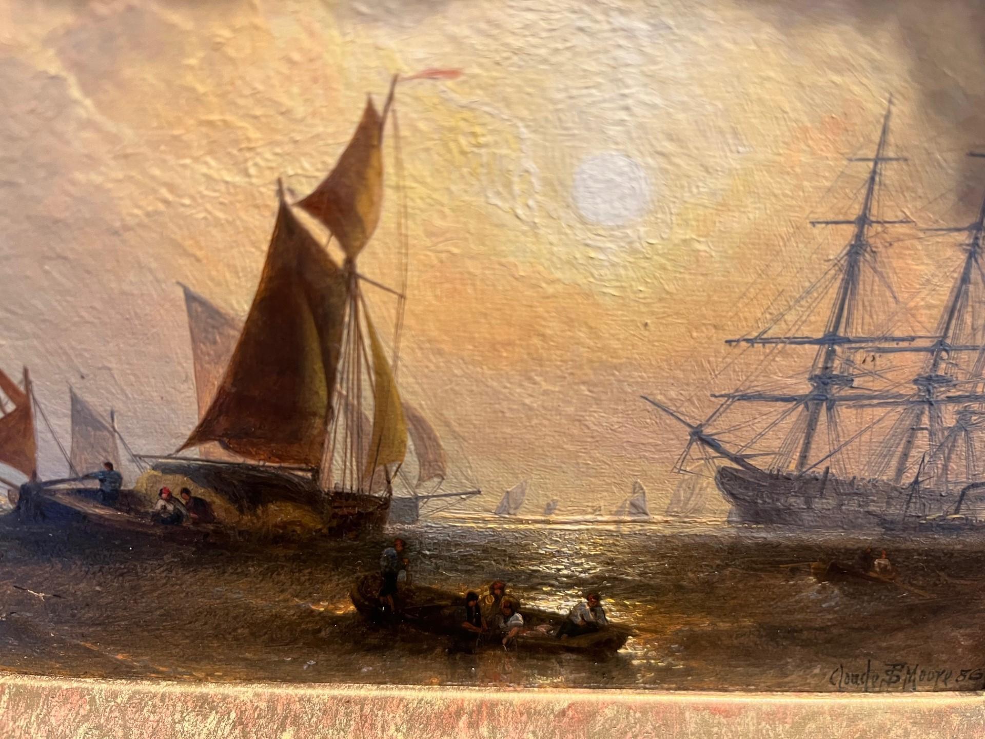 Pittura a olio vittoriana di Marin Scena di navigazione al tramonto, barche in luce dorata 3