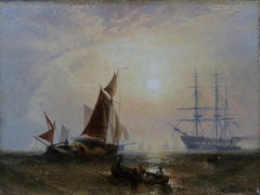 Antique  Victorian Small Marine Oil Busy  Sunset Shipping Scene, boats in golden light