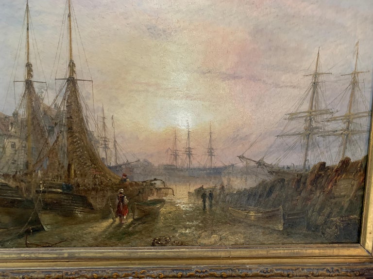 English Victorian 19th century marine port scene with boats in an Harbor - Painting by Claude Thomas Stanfield Moore