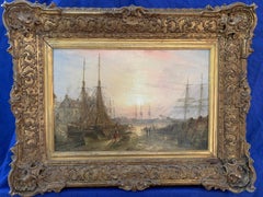 English Victorian 19th century marine port scene with boats in an Harbor