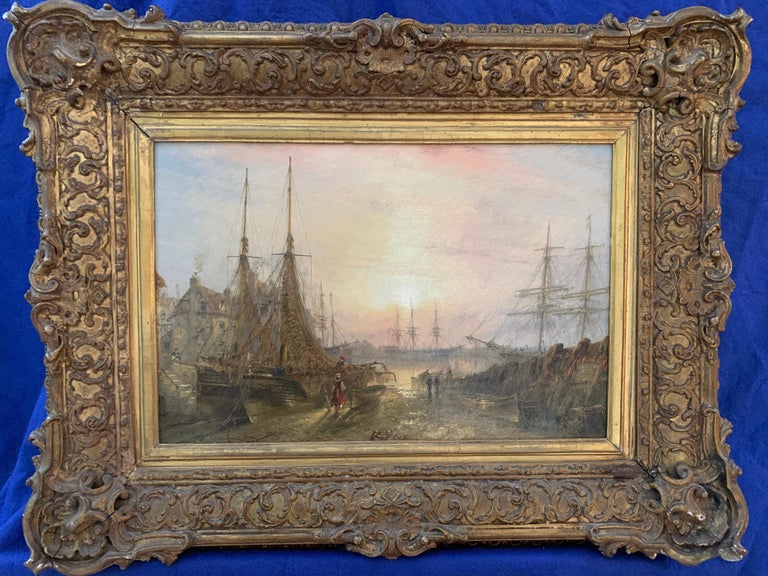Claude Thomas Stanfield Moore Landscape Painting - English Victorian 19th century marine port scene with boats in an Harbor