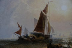 "shipping off the Coast at Sunset" Ships and Rowing Boat in sea in golden light