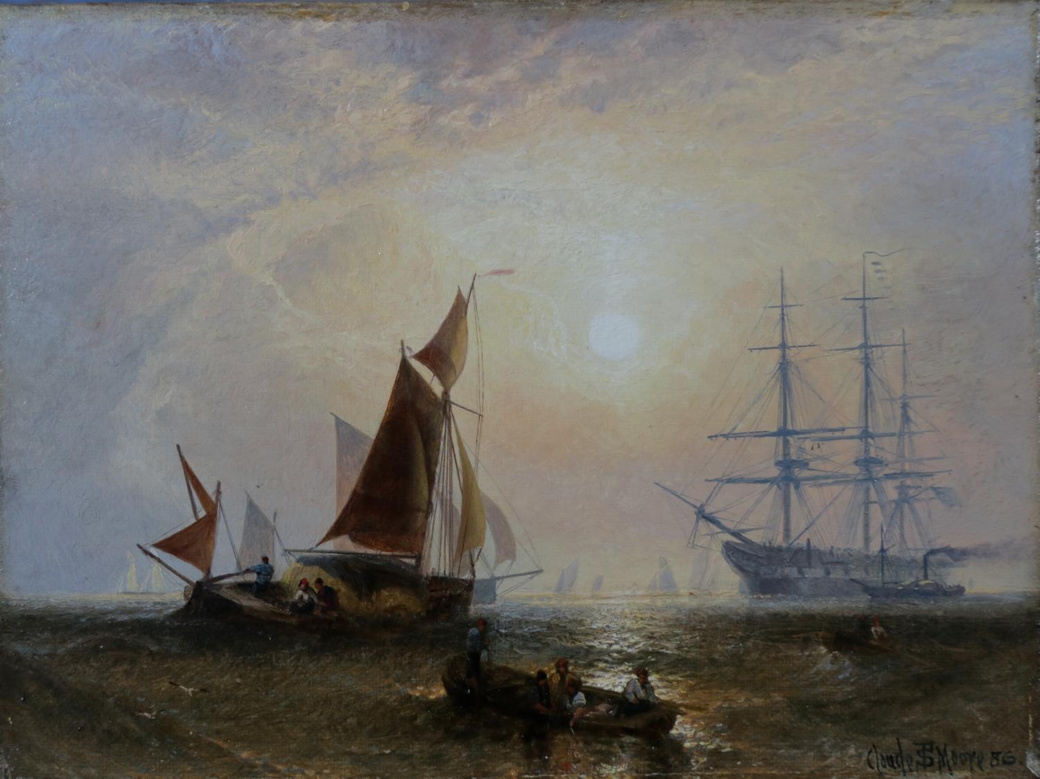 "shipping off the Coast at Sunset" Ships and Rowing Boat in sea in golden light - Art by Claude Thomas Stanfield Moore