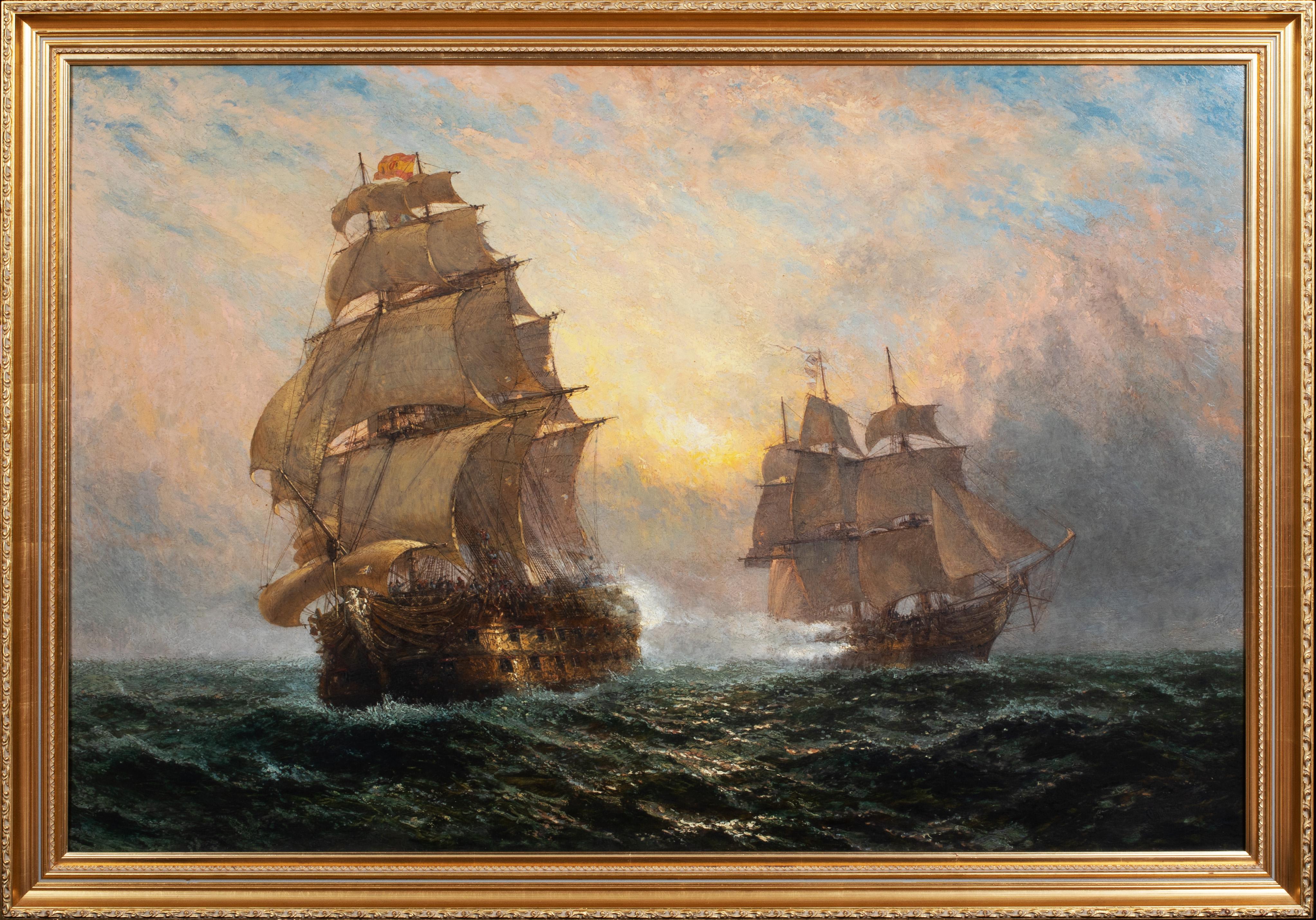 Spanish & British Royal Navy Engagement, 19th Century - NAPOLEONIC WARS - Painting by Claude Thomas Stanfield Moore