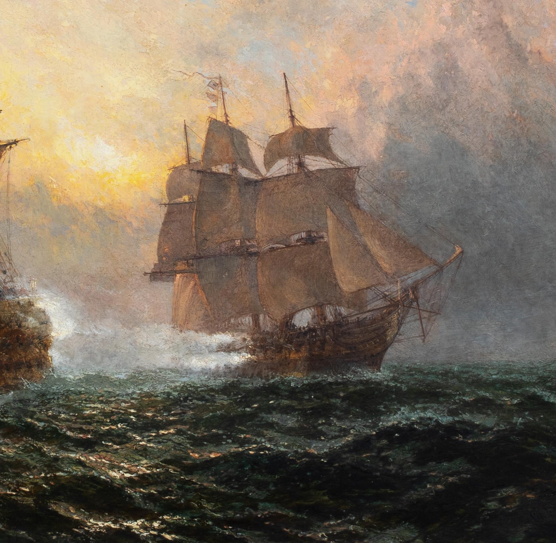 Spanish & British Royal Navy Engagement, 19th Century - NAPOLEONIC WARS - Brown Portrait Painting by Claude Thomas Stanfield Moore
