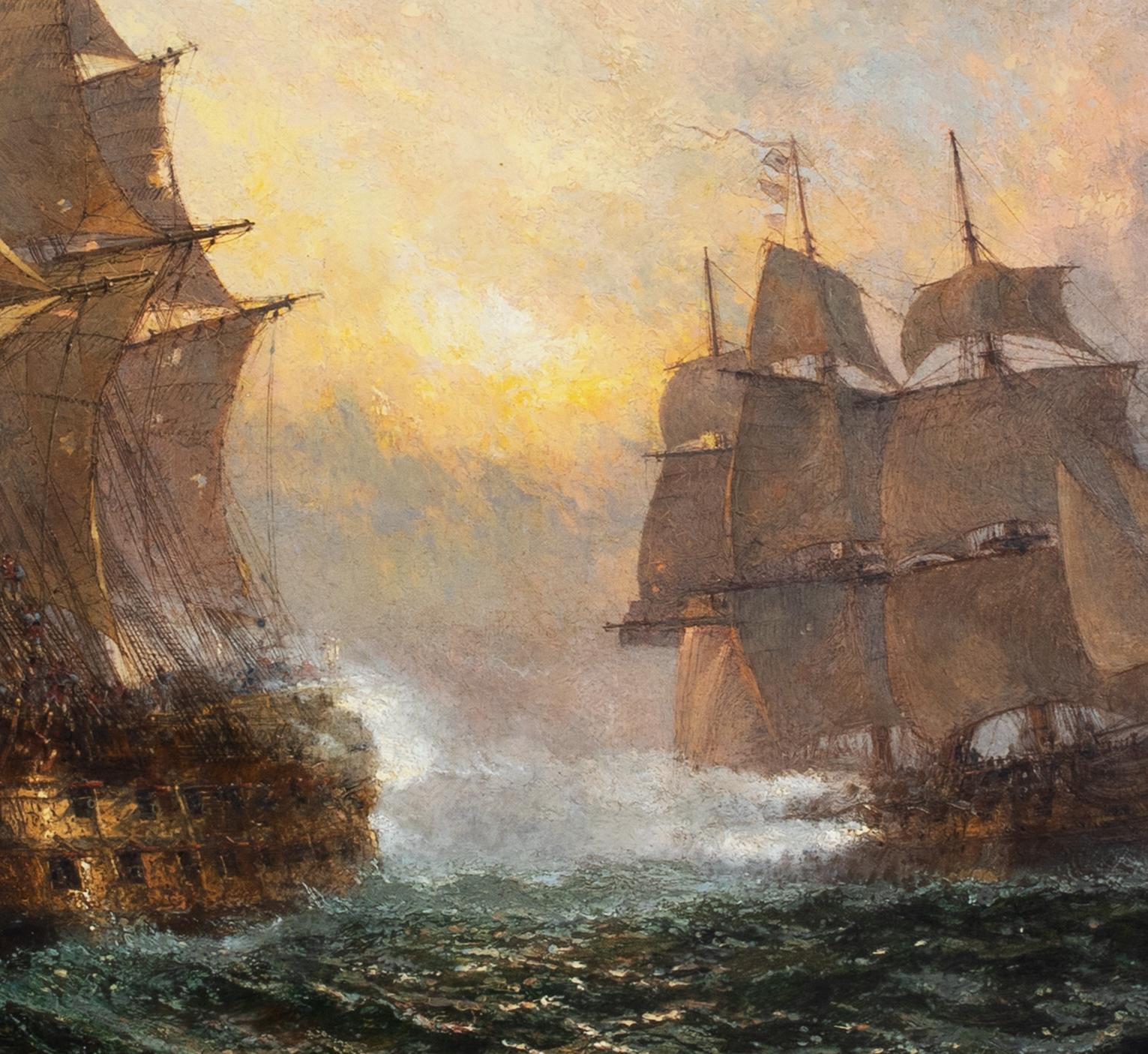Spanish & British Royal Navy Engagement, 19th Century 

by CLAUDE T STANFIELD MOORE (1853-1901) 

Napoleonic Wars Scene

Huge 19th Century Napoleonic Wars naval engagement between the Spanish and British Royal Navy, oil on canvas by Calude Sanfield