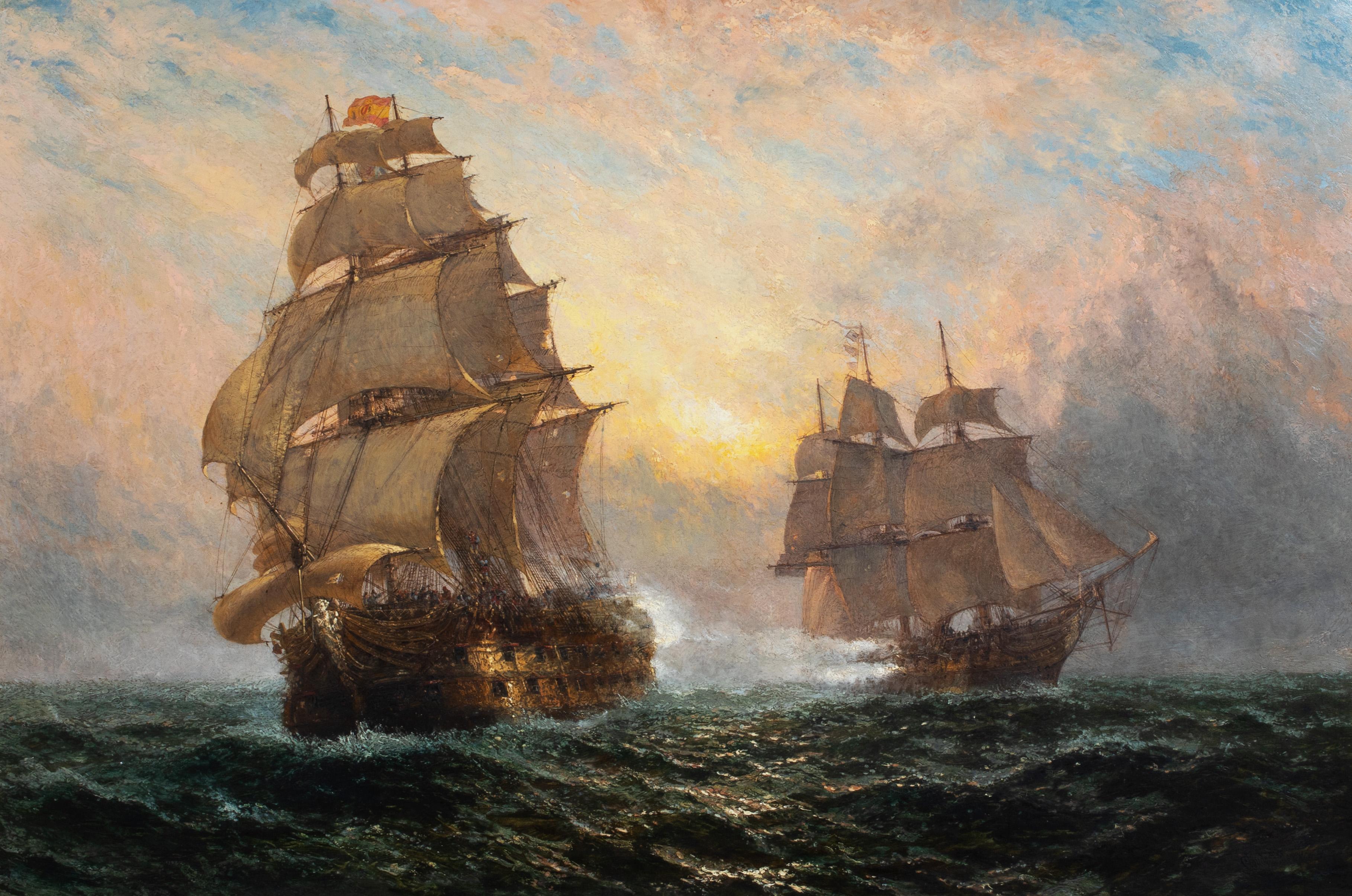 Claude Thomas Stanfield Moore Portrait Painting - Spanish & British Royal Navy Engagement, 19th Century - NAPOLEONIC WARS