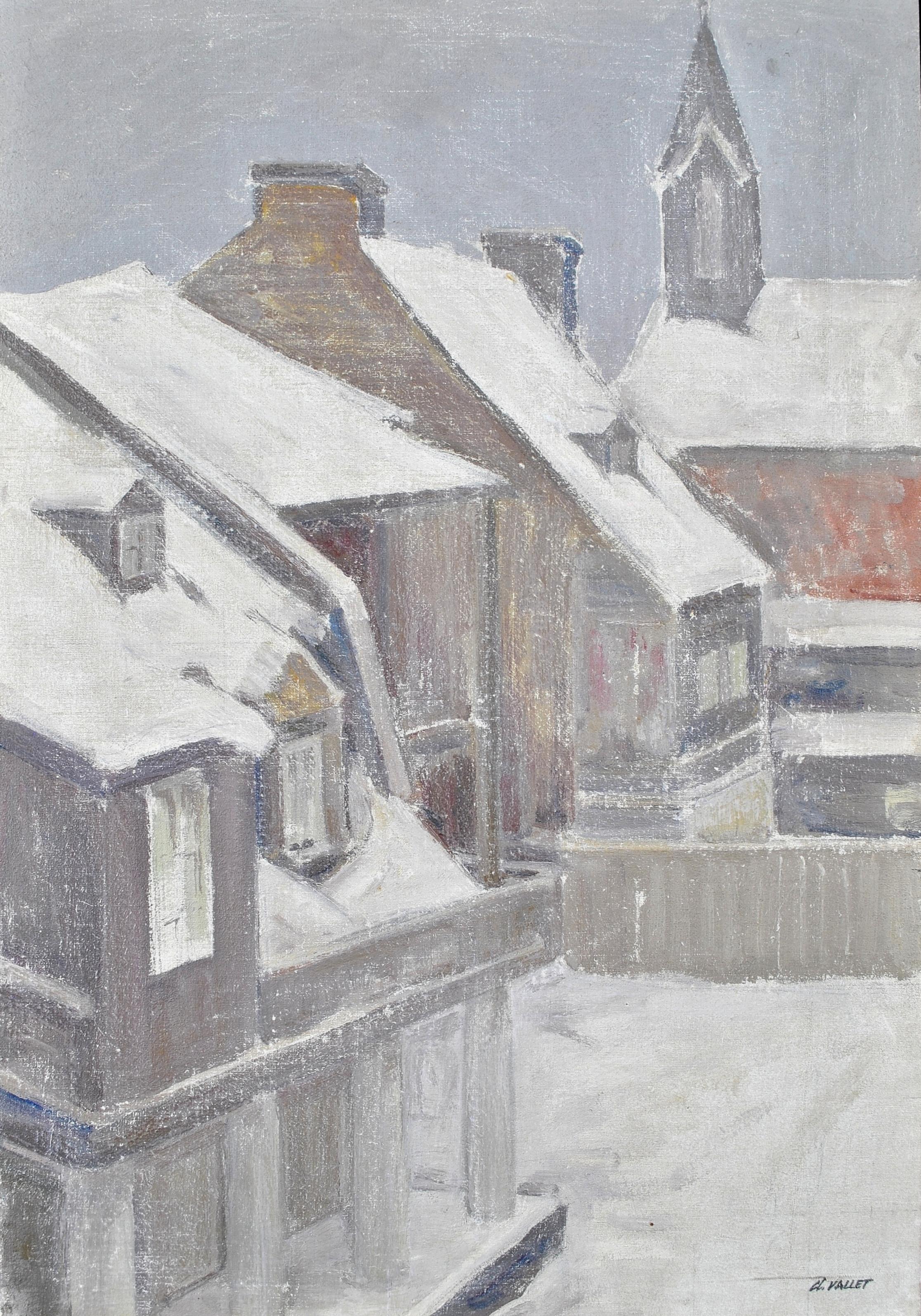 Snow Covered Roofs - Mid 20th Century French Impressionist Winter Oil Painting