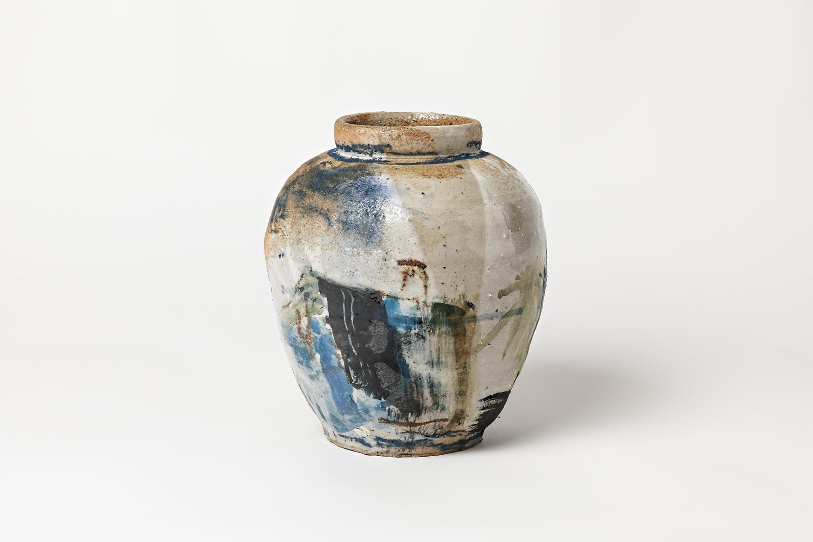 Mid-Century Modern Claude Varlan, Abstract Stoneware Ceramic Vase Painted Color Black Pottery Glaze
