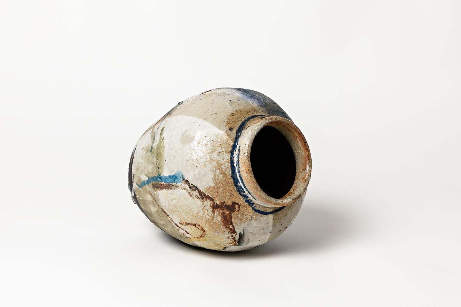 Claude Varlan, Abstract Stoneware Ceramic Vase Painted Color Black Pottery Glaze In Excellent Condition In Neuilly-en- sancerre, FR