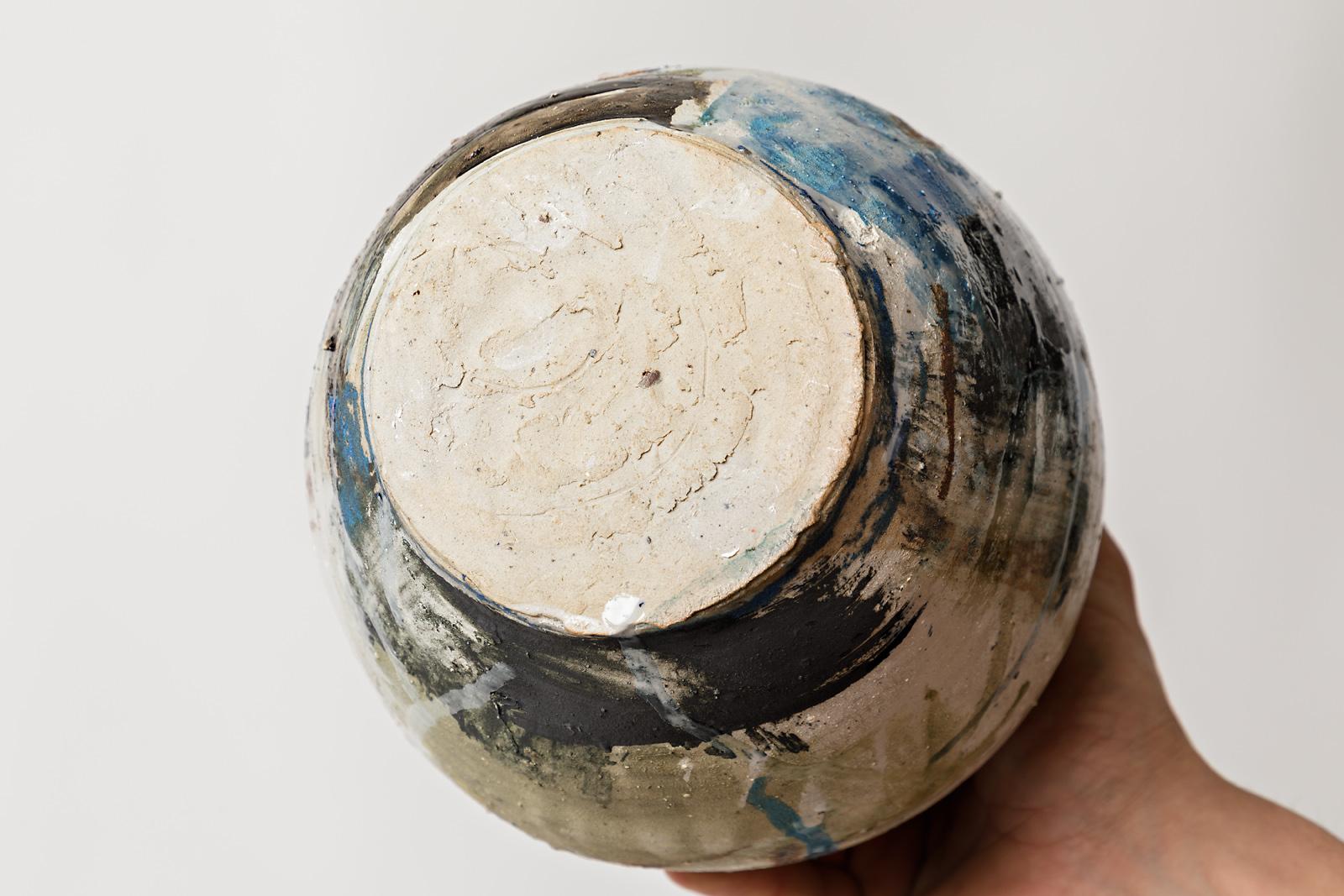 20th Century Claude Varlan, Abstract Stoneware Ceramic Vase Painted Color Black Pottery Glaze