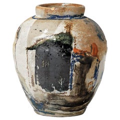 Claude Varlan, Abstract Stoneware Ceramic Vase Painted Color Black Pottery Glaze