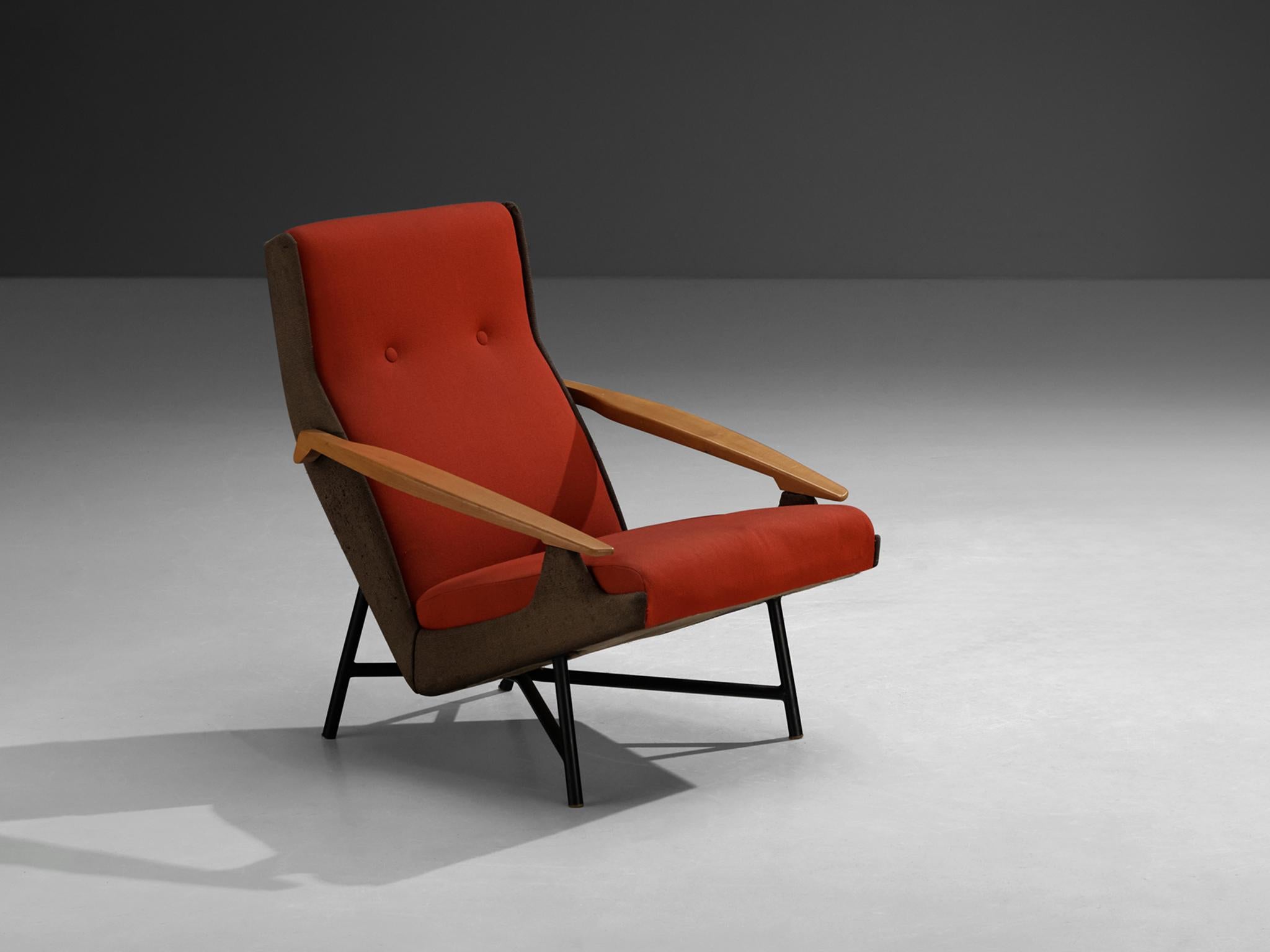 Lounge chair, in beech, metal and fabric, by Claude Vassal, France, 1950s. 

A modern armchair in black and red upholstery. These chairs show an interesting combination of materials and get therefore their unique appearance. The base consists of