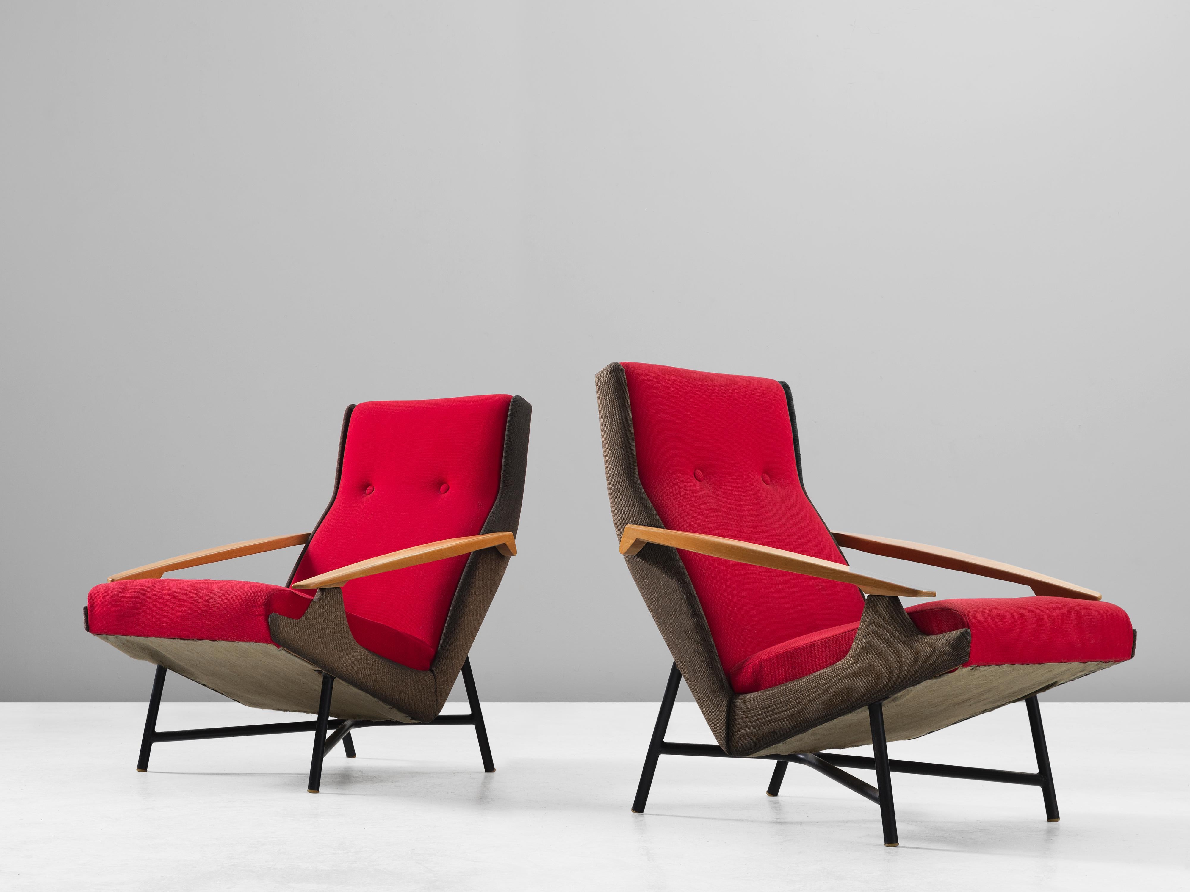 Set of two lounge chairs, in beech, metal and fabric, by Claude Vassal, France, 1950s. 

A pair of modern armchairs in black and red upholstery. These chairs show an interesting combination of materials and get therefore their unique appearance. The